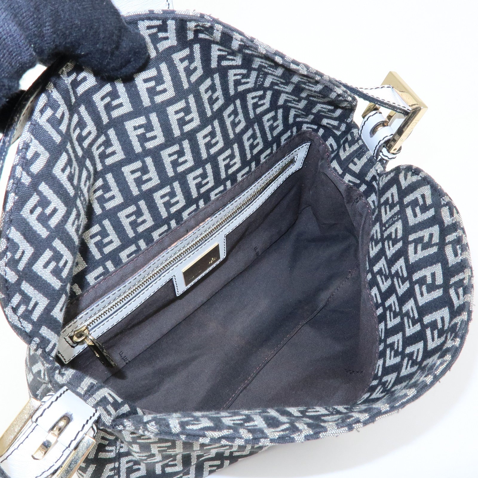 FENDI Zucchino Canvas Leather Shoulder Hand Bag Black White 8BR003