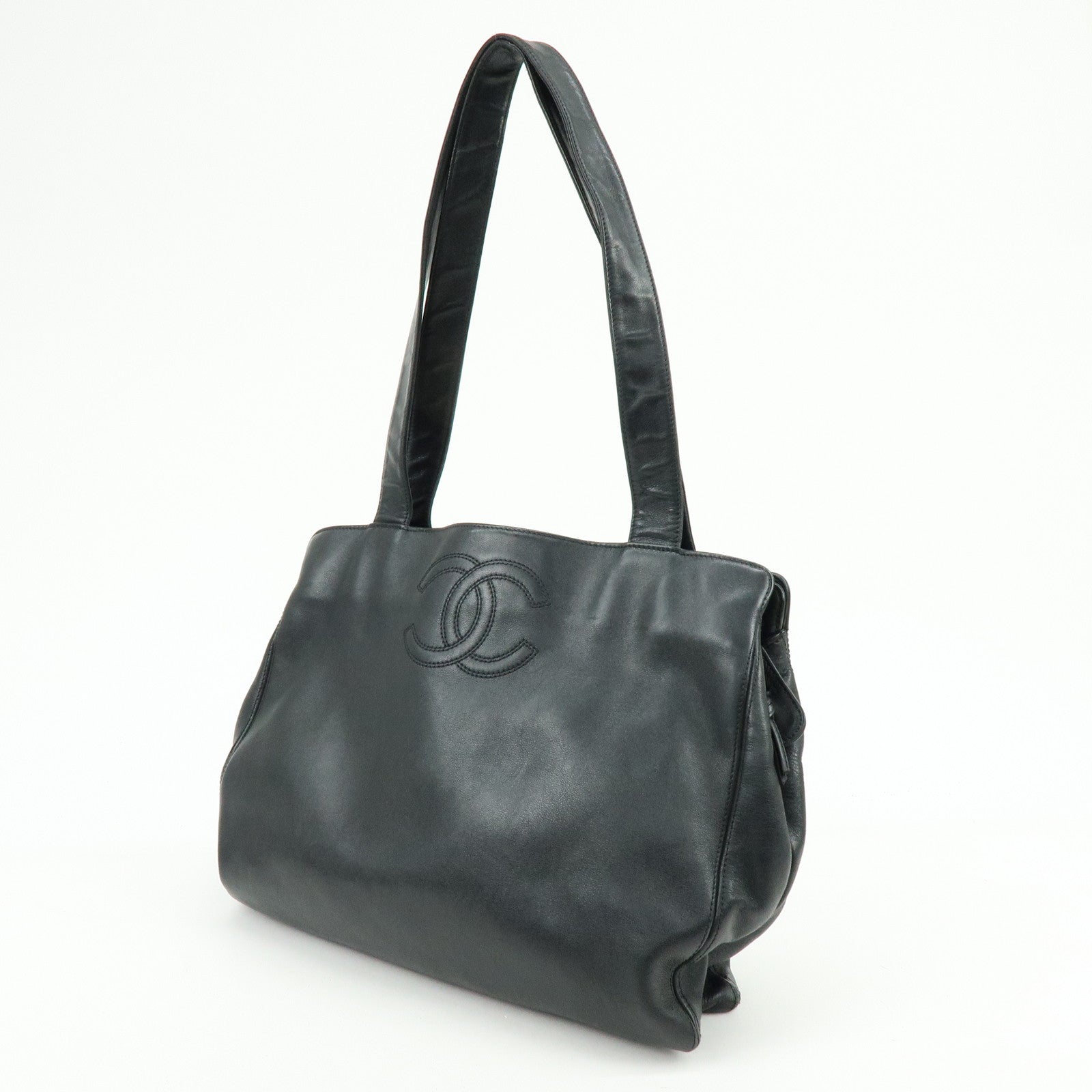 CHANEL Calf Leather Tote Bag Shoulder Bag Hand Bag Black