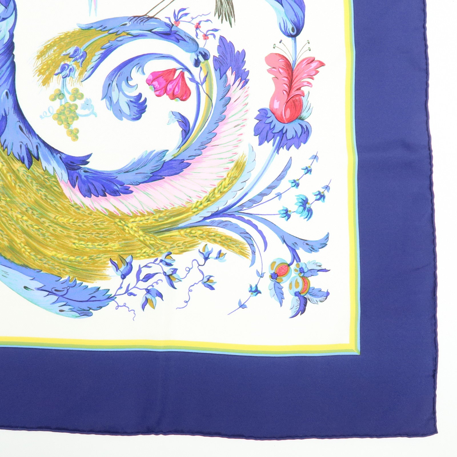 HERMES Carre 90 Silk 100% Scarf CERES White Blue Navy