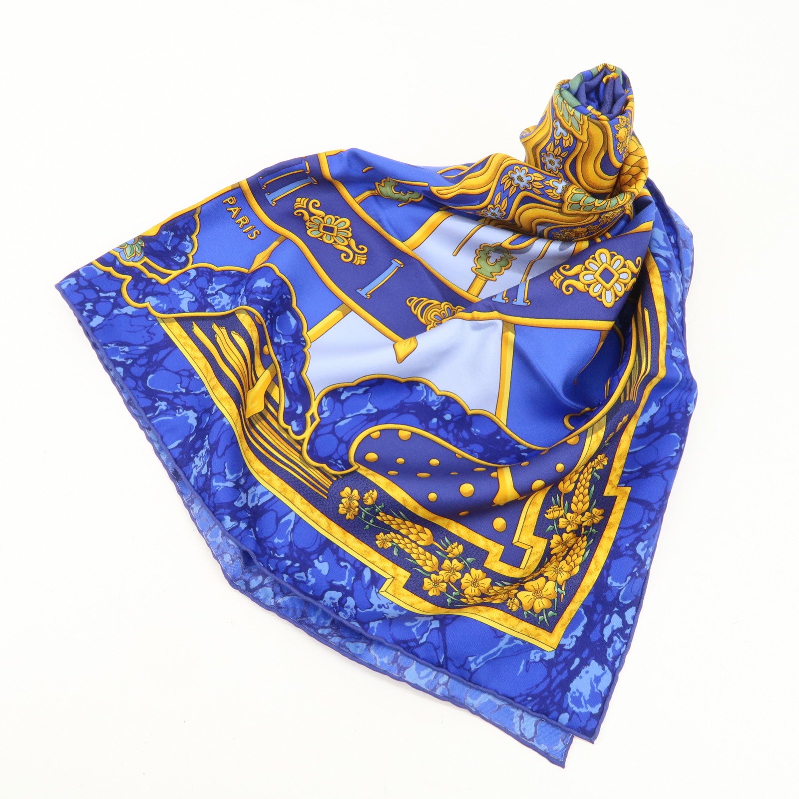 HERMES Carre 90 Silk 100% Scarf CARPE DIEM Blue Yellow