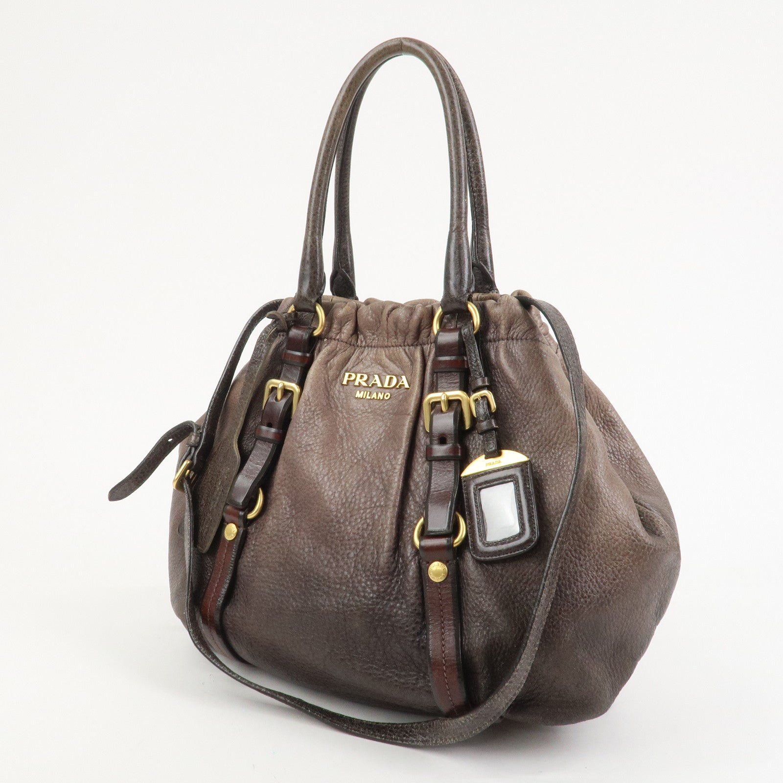 PRADA Leather 2Way Bag Hand Bag Shoulder Bag Brown