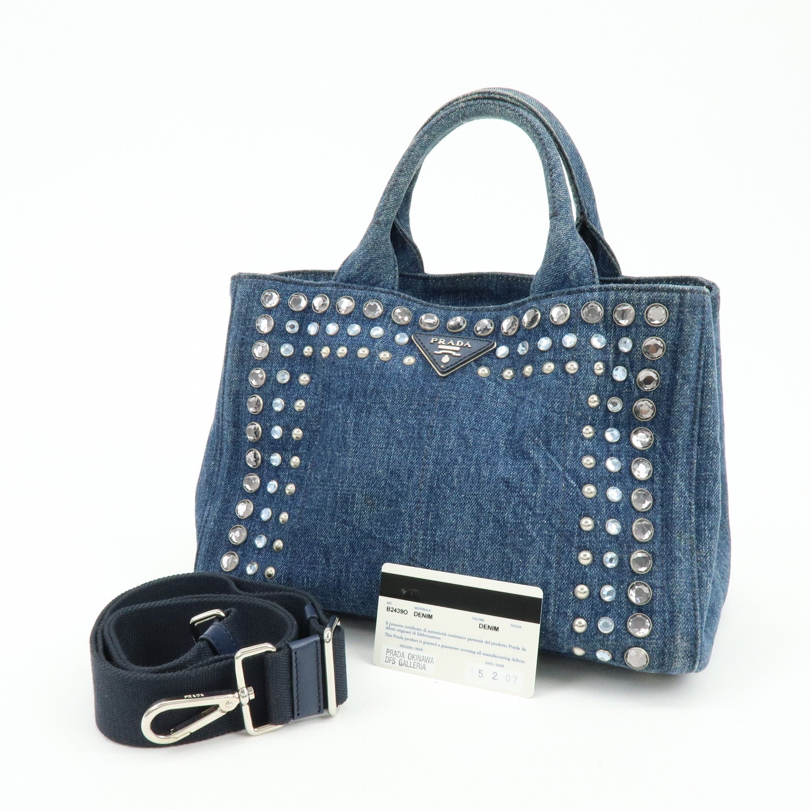 PRADA Canapa Mini Triangle Logo Denim 2Way Tote Shoulder Bag B2439O