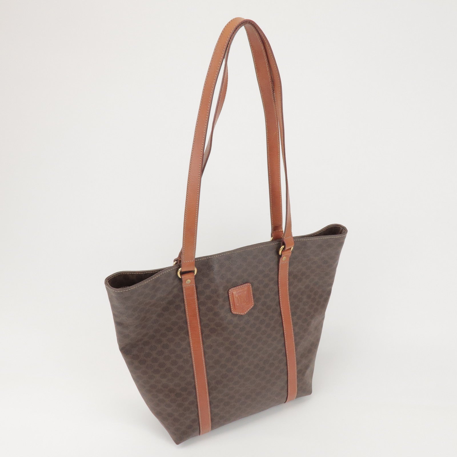CELINE Macadam PVC Coated Canvas Leather Tote Bag Hand Bag Brown