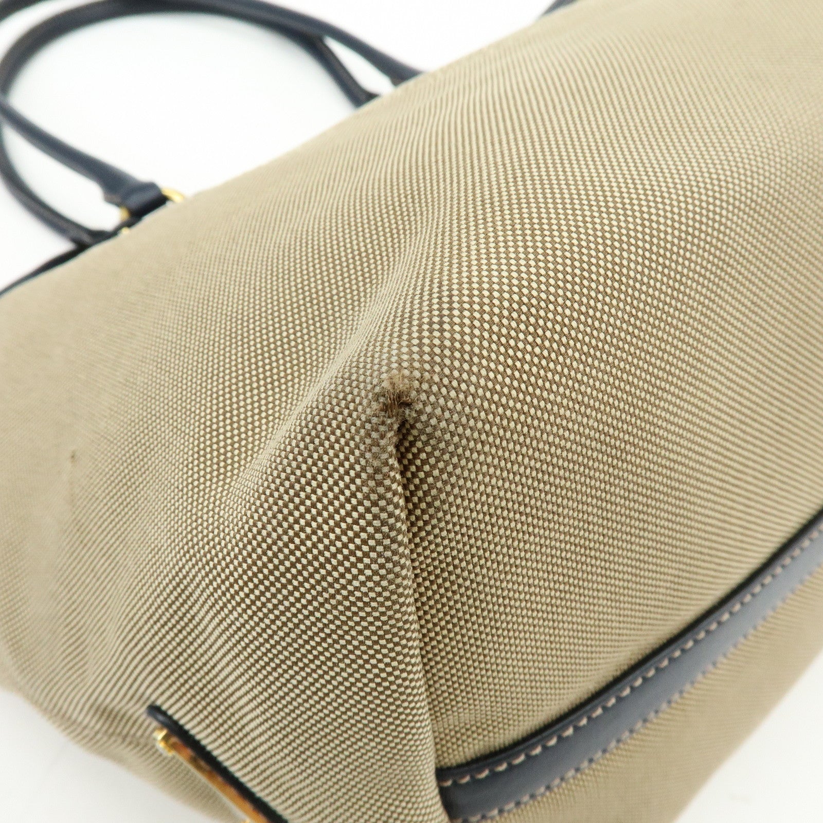 PRADA Logo Jacguard Leather Tote Bag Hand Bag Beige Navy