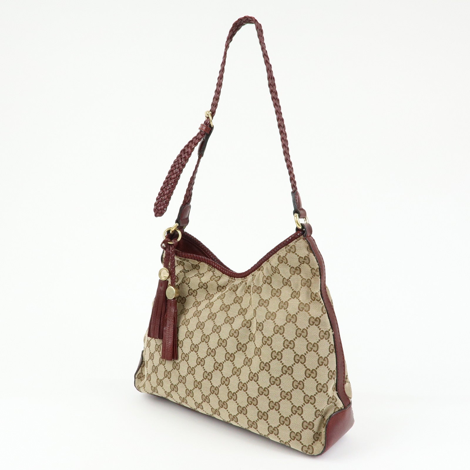 GUCCI Marrakech GG Canvas Leather Tassel Shoulder Bag Beige 257026