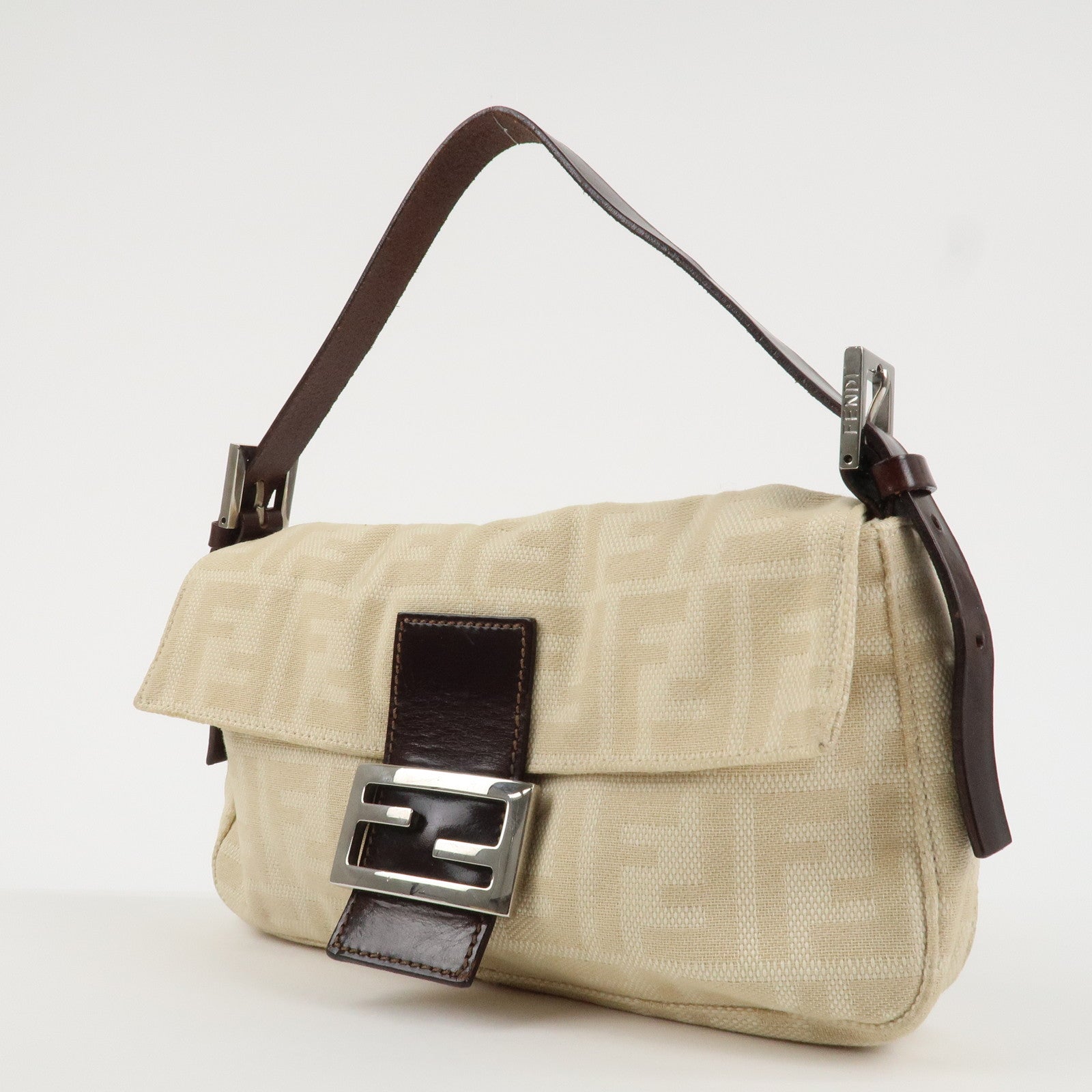 FENDI Mamma Baguette Zucca Leather Canvas Hand Bag Beige Brown 26424 Used