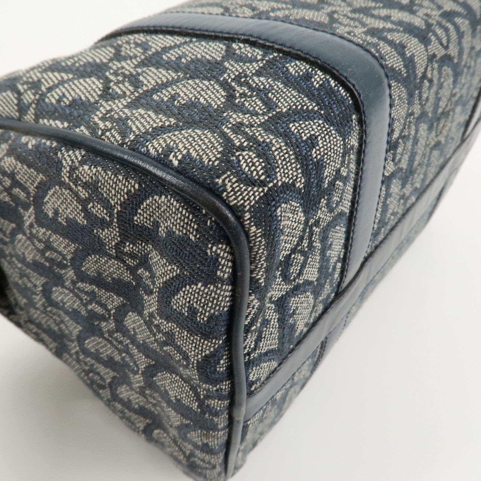 Christian Dior Oblique Canvas Leather Boston Bag Hand Bag Navy