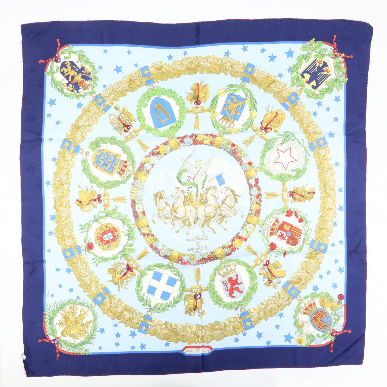 HERMES Carre 90 Silk 100% Scarf Emblemes de L’Europe Light Blue