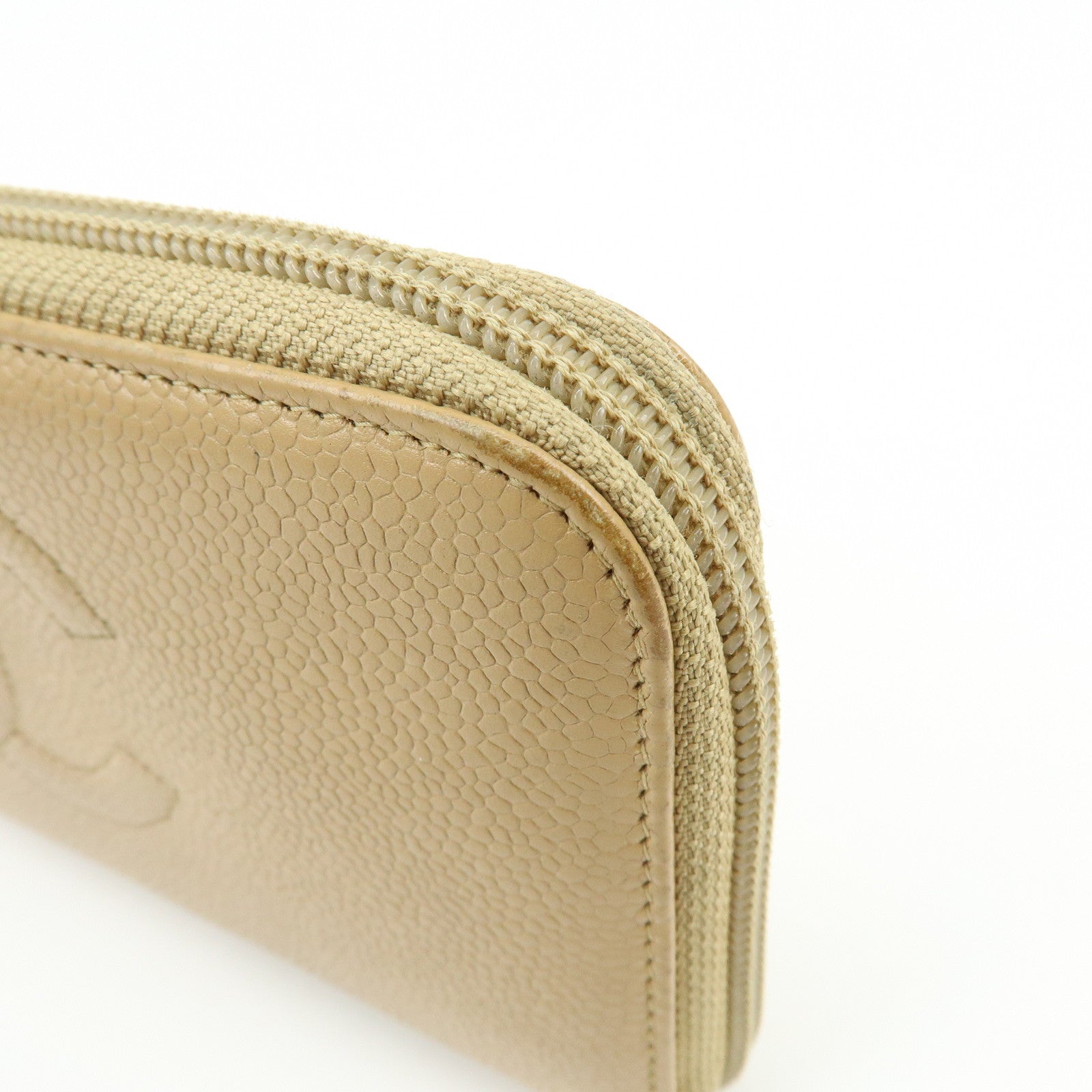 CHANEL Caviarskin Round Zippy Wallet Long Wallet Beige A13228