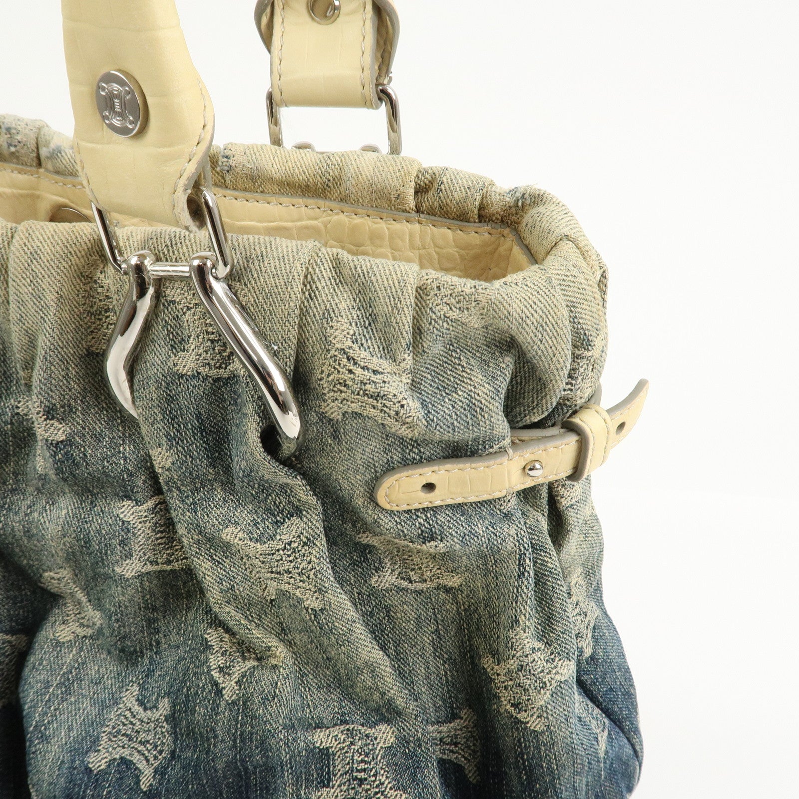 CELINE Macadam Denim Emboss Leather Tote Bag Hand Bag Blue Ivory