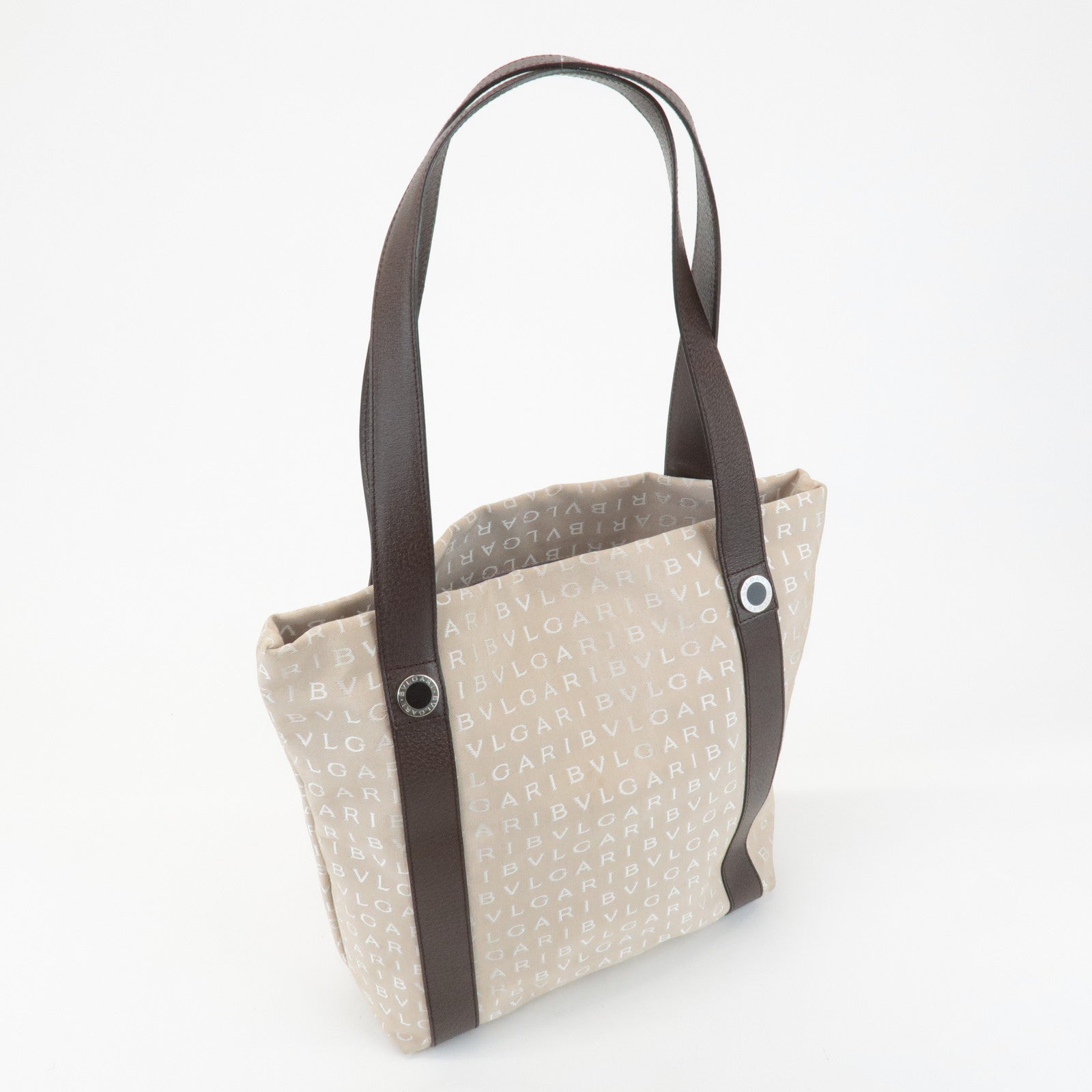 BVLGARI Logomania Canvas Leather Tote Bag Shoulder Bag Beige Dark Brown Used