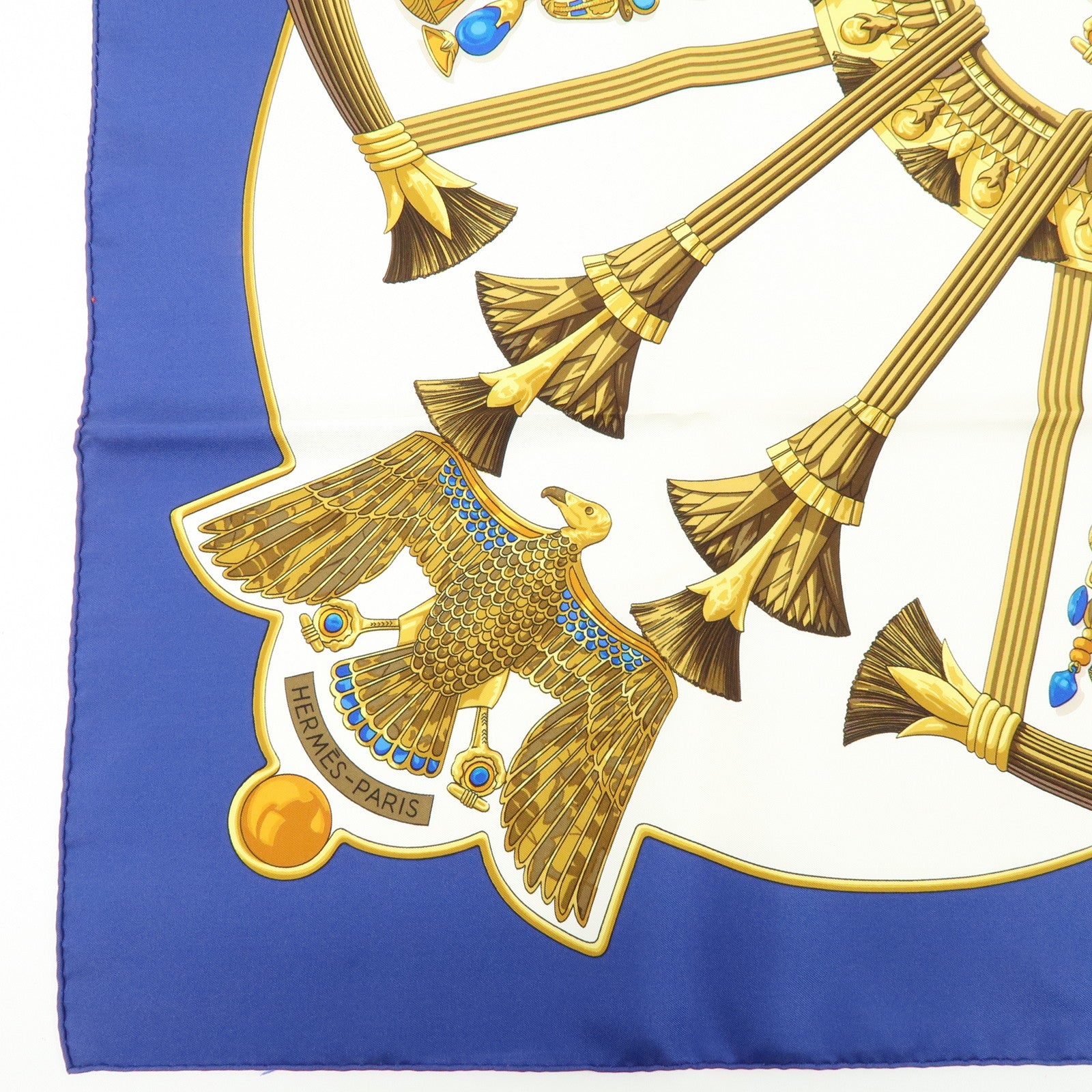 HERMES Carre 90 Silk100% Caty Ancient Egypt Scarab Scarf Blue White