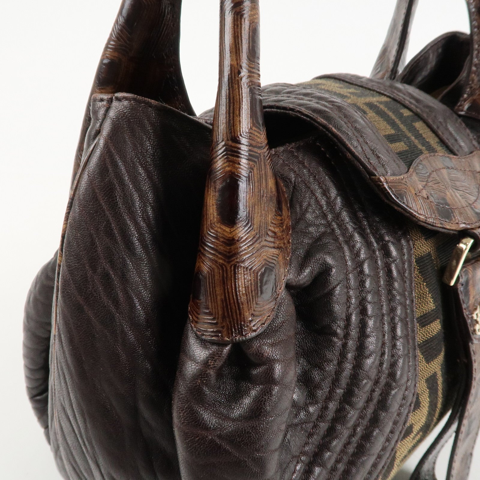 FENDI Zucca Mini Spy Canvas Leather Hand Bag Brown Black 8BR589 Used