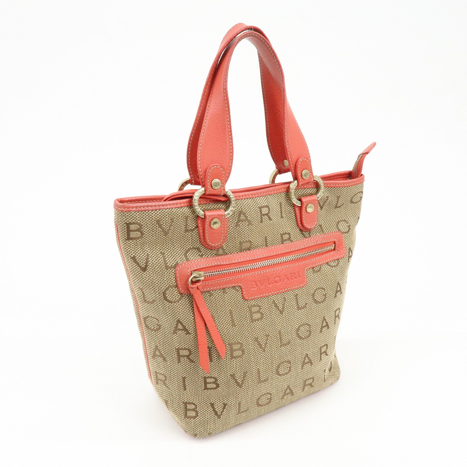 BVLGARI Logo Mania Jacquard Leather Tote Bag Hand Bag Beige Red