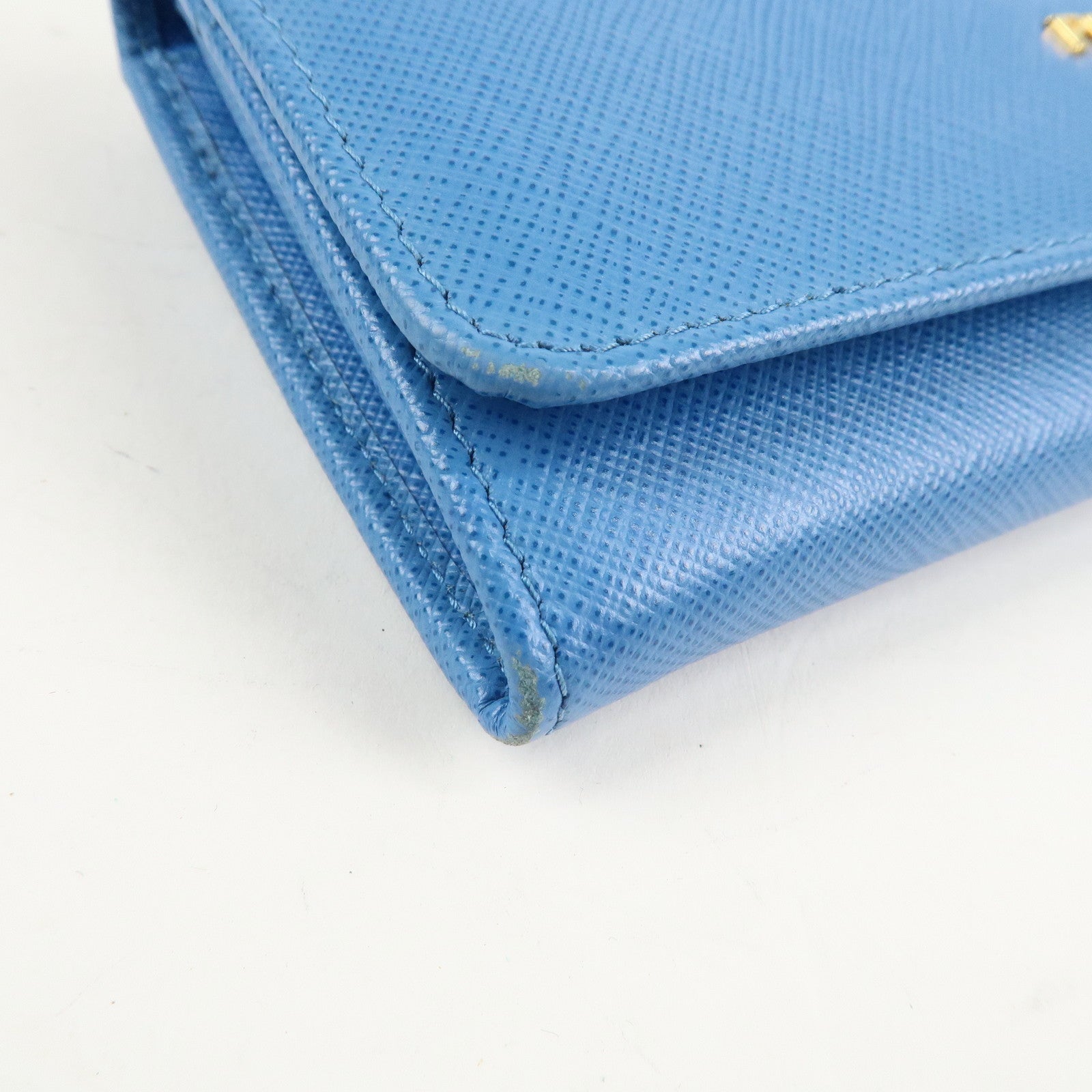 PRADA Saffiano Leather Bi-Fold Long Wallet Blue Gold HDW 1MH132 Used