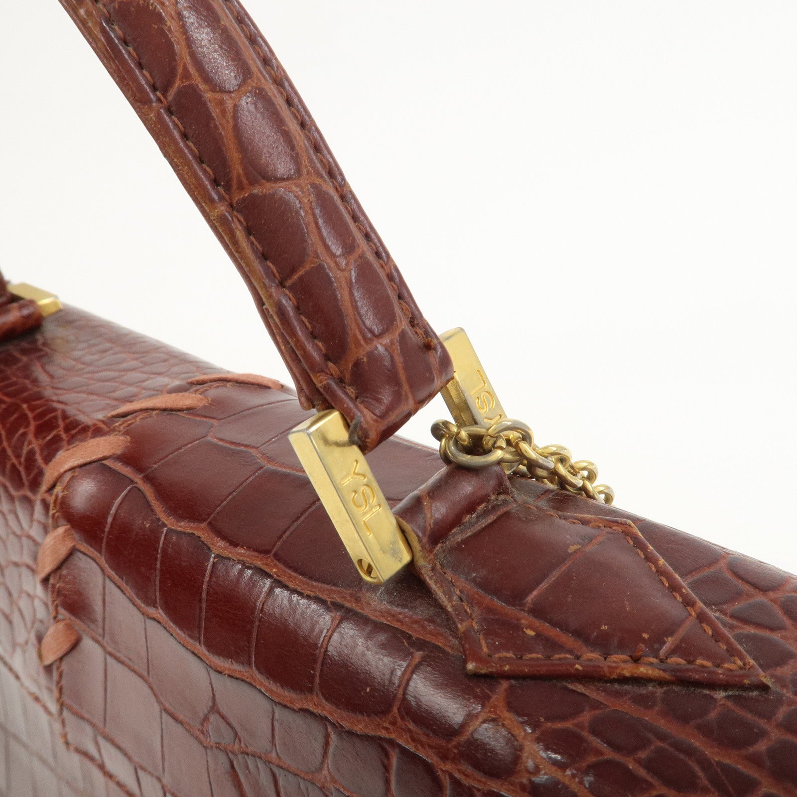 SAINT LAURENT PARIS Embossed Leather Hand Bag Red Brown