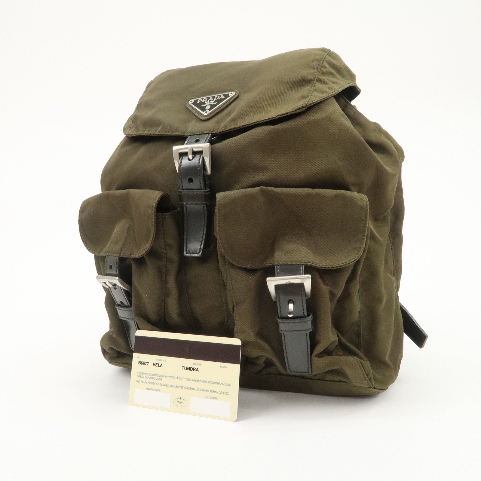 PRADA Triangle Logo Nylon Leather Backpack Ruck Sack Khaki B6677 Used