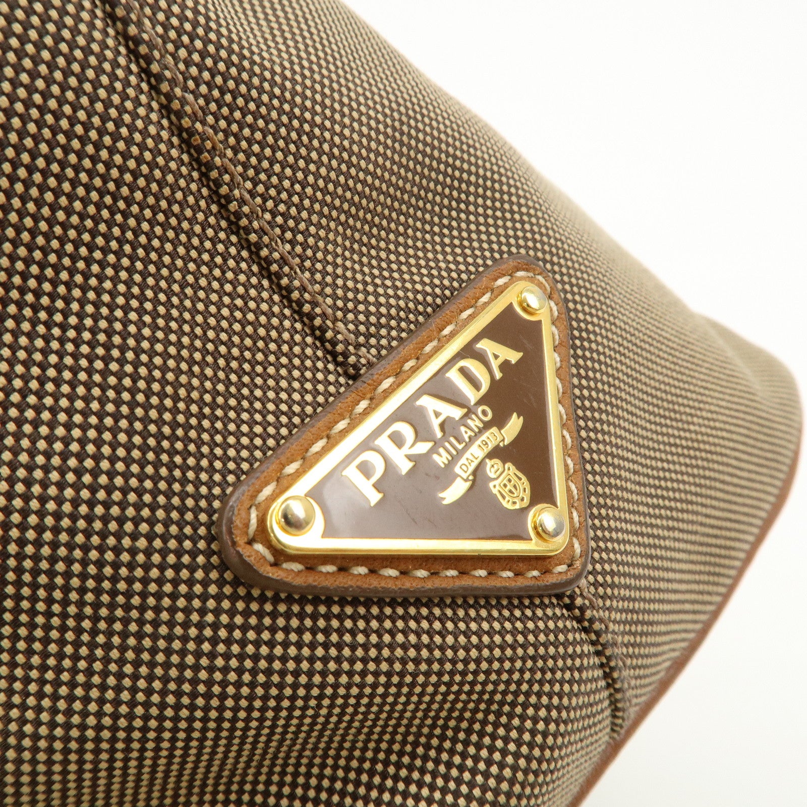 PRADA Leather Logo Jacquard Tote Bag Ribbon Beige Brown BN1841 Used