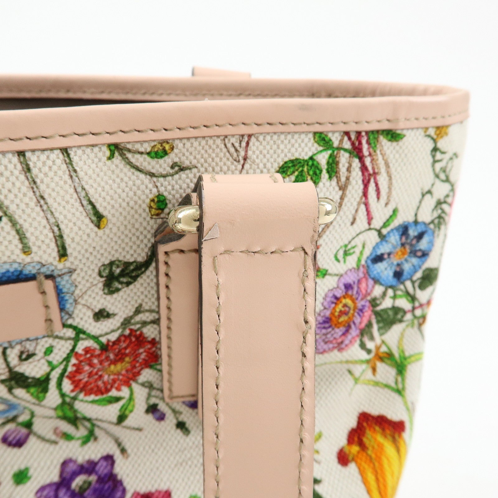 GUCCI Flora Flower Motif Canvas Leather Tote Bag White Pink 240018