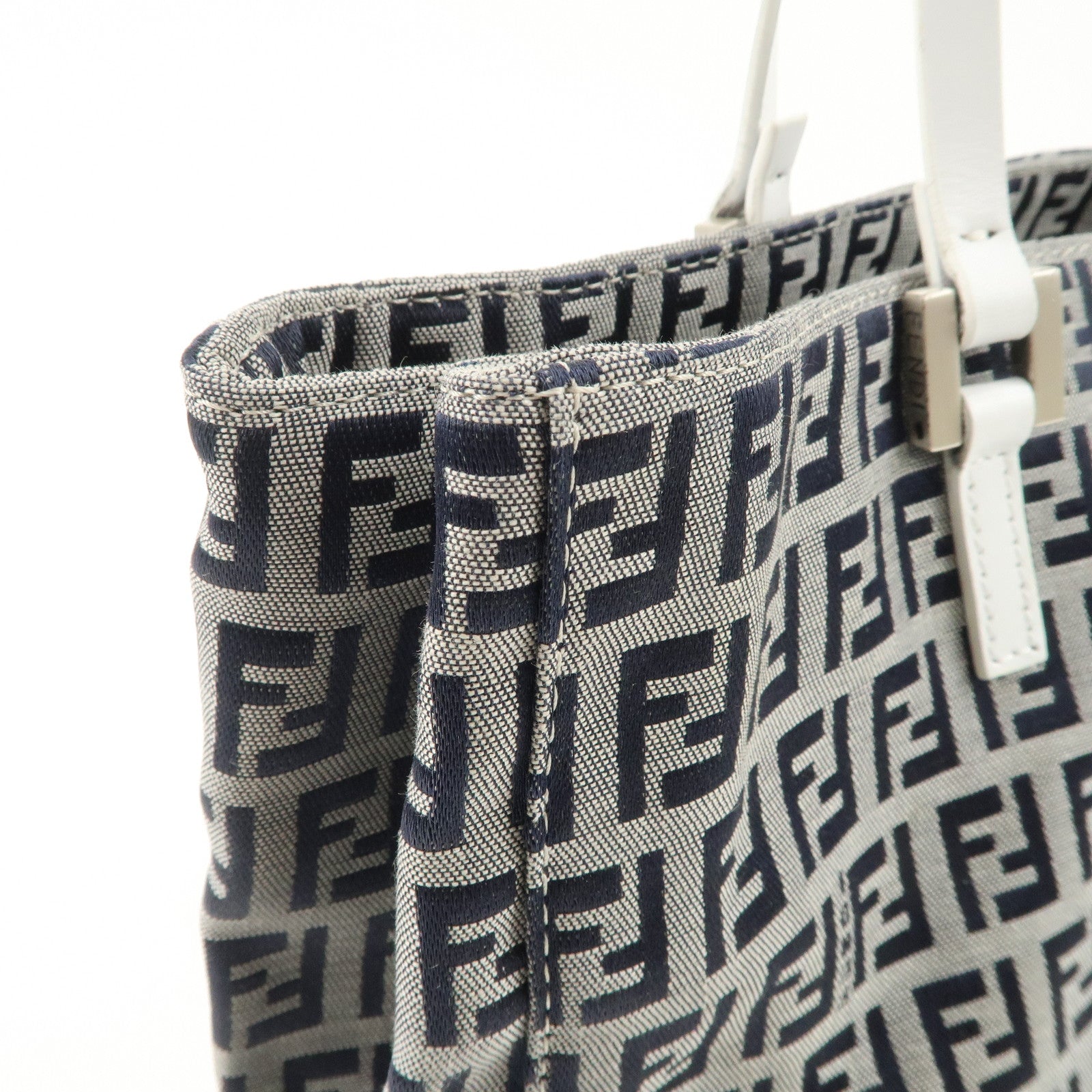 FENDI Zucchino Canvas Leather Tote Bag Hand Bag White Navy 8BH019 Used