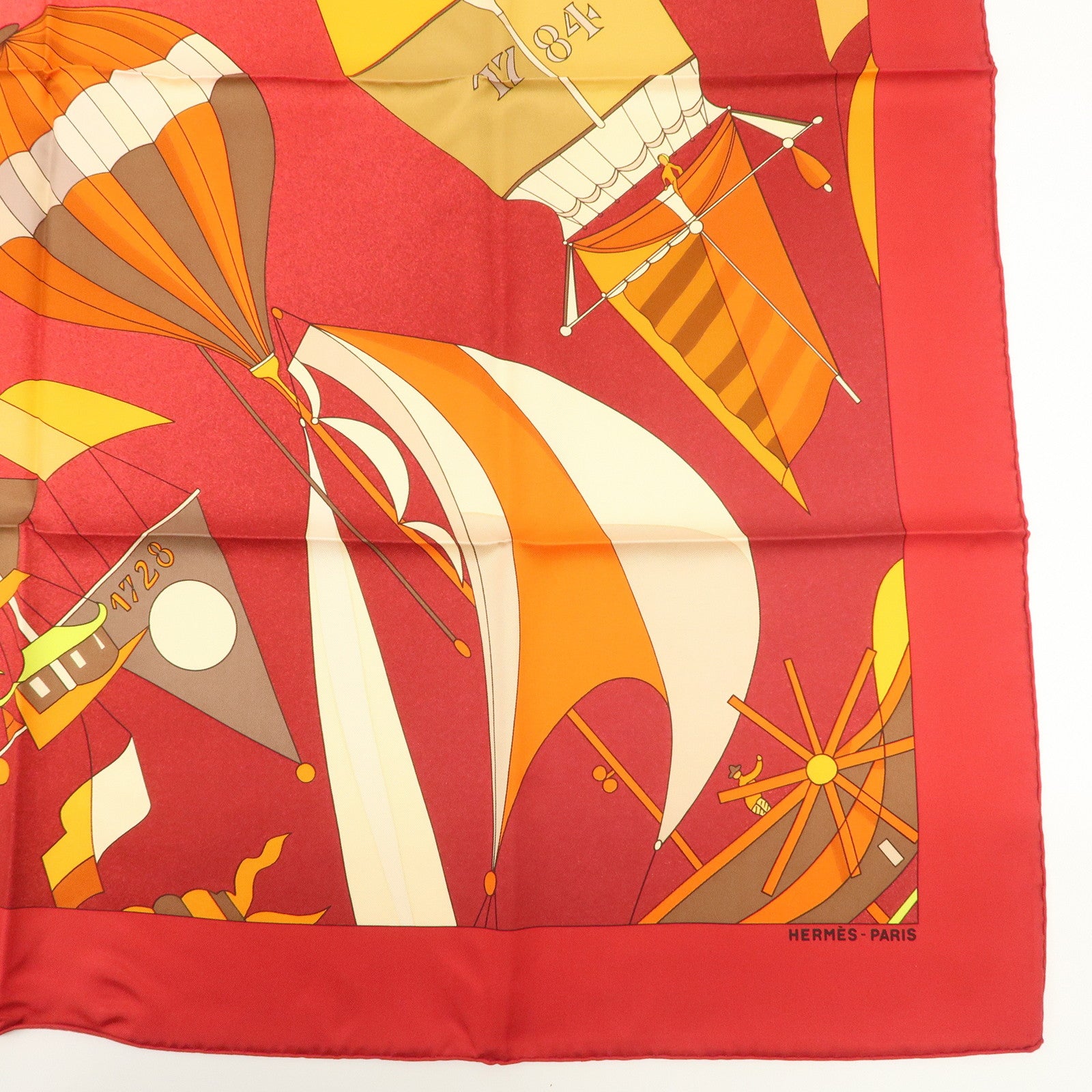 HERMES Carre 90 Silk 100% Scarf LES FOLIES DU CIEL Red Orange