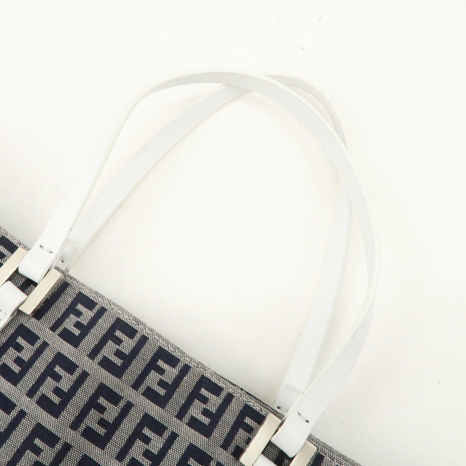 FENDI Zucchino Canvas Leather Tote Bag Hand Bag White Navy 8BH019 Used