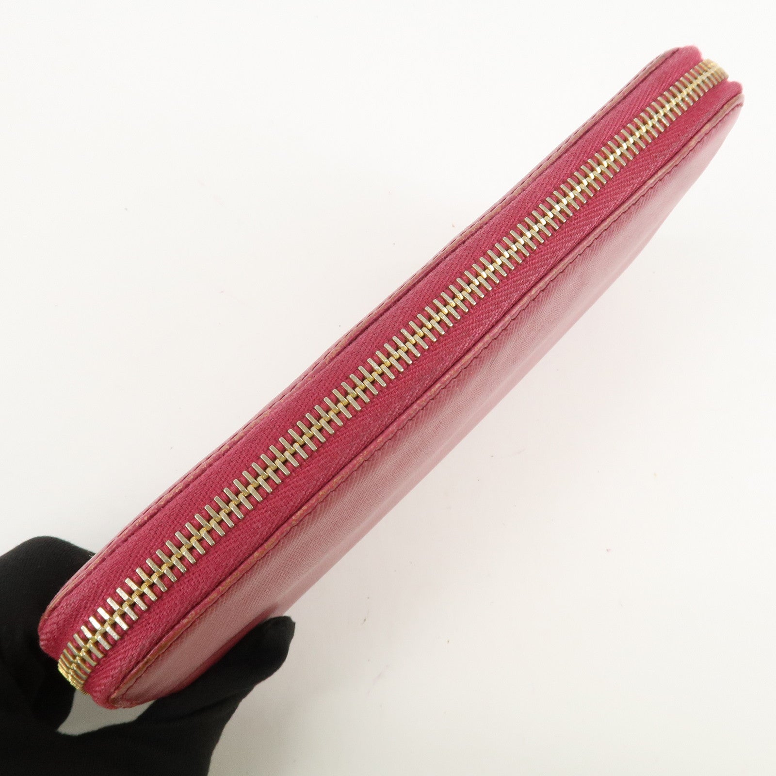 PRADA Logo Saffiano Leather Round Zippy Long Wallet Pink 1M0506 Used