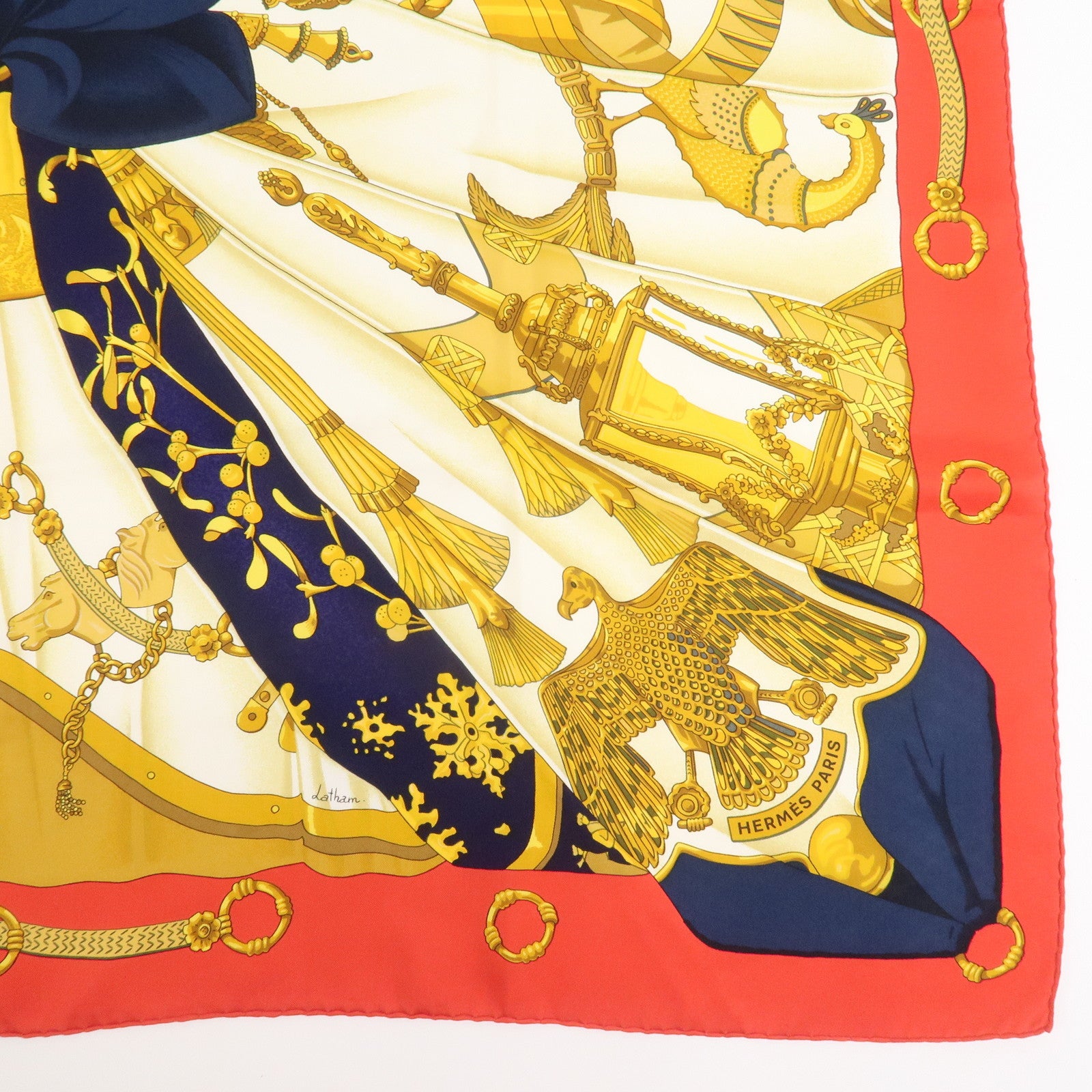 HERMES Carre 90 Silk 100% Scarf Soleil de Soie Gold Red Navy