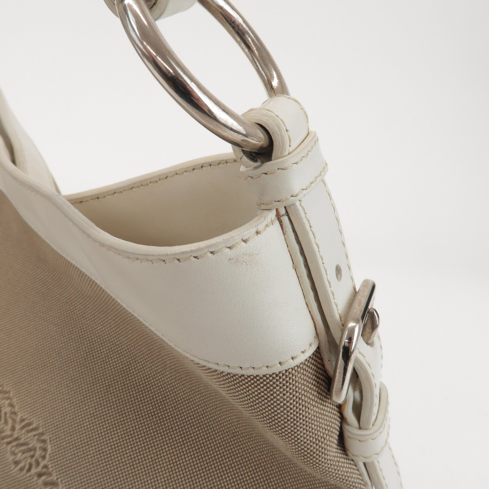 PRADA Jacquard Canvas Leather Shoulder Bag Hand Bag Beige Ivory