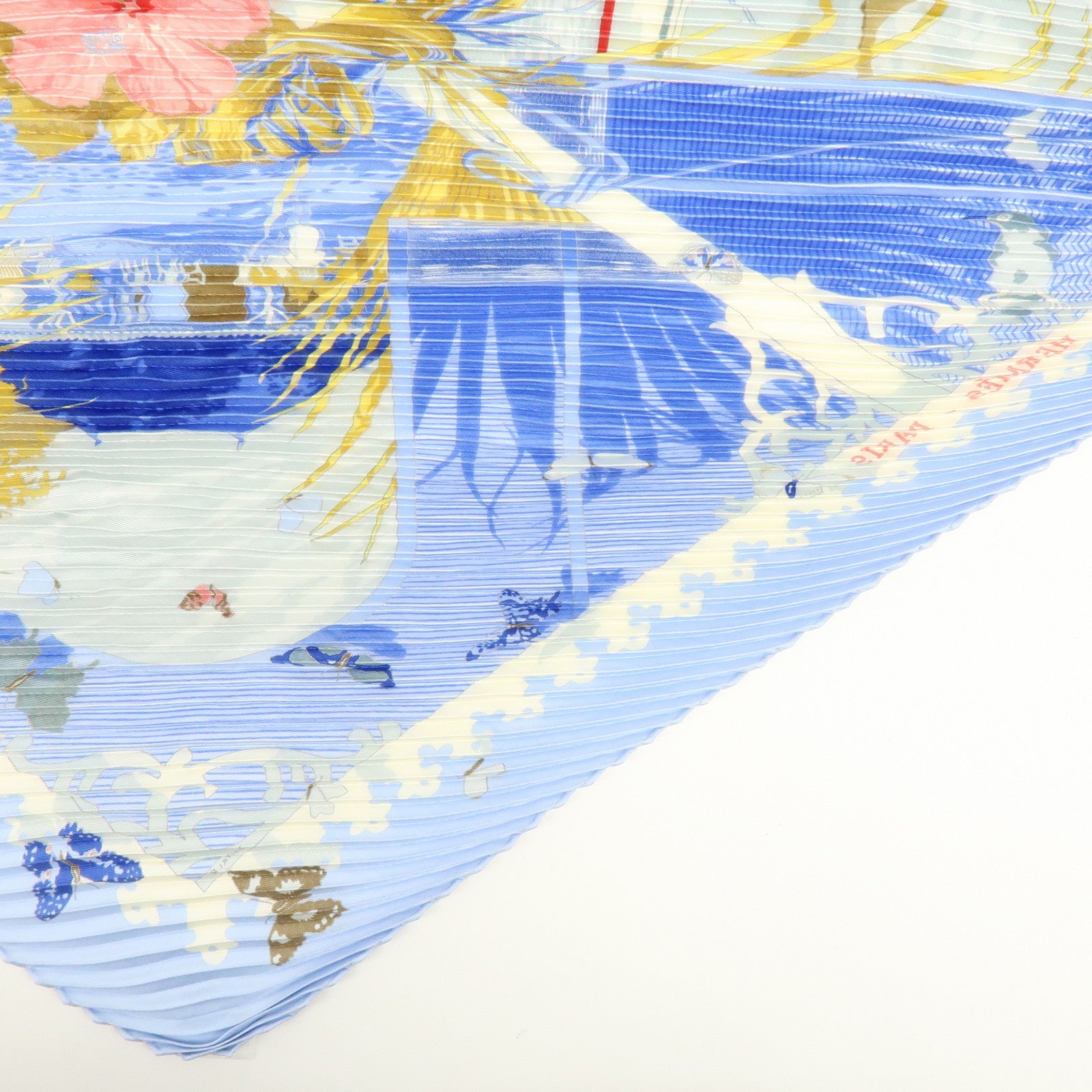 HERMES Pleats Carre Silk 100% Scarf VARANGUES Blue Pink