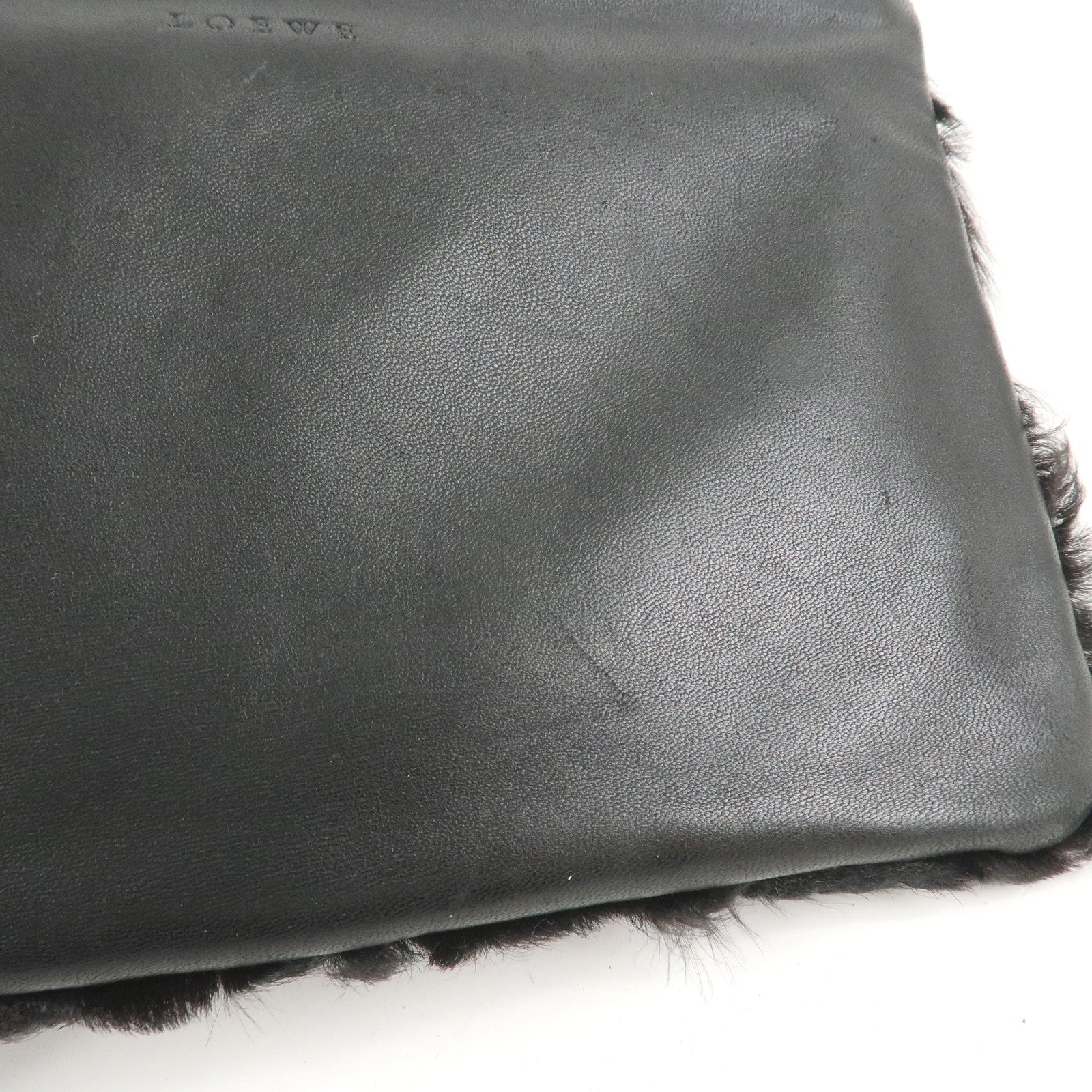 LOEWE Logo Fur Leather Cosmetic Pouch Black