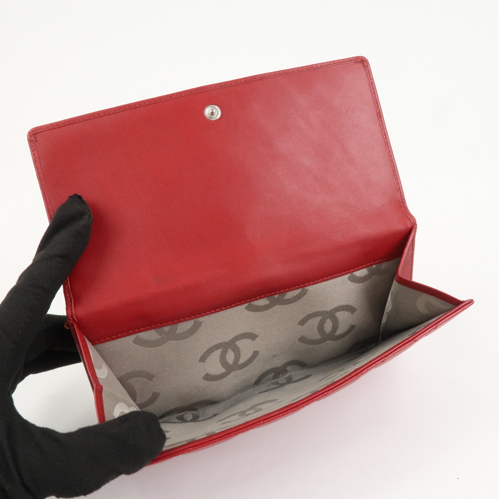 CHANEL Cambon Line Matelasse W Hook Long Wallet Red A46643