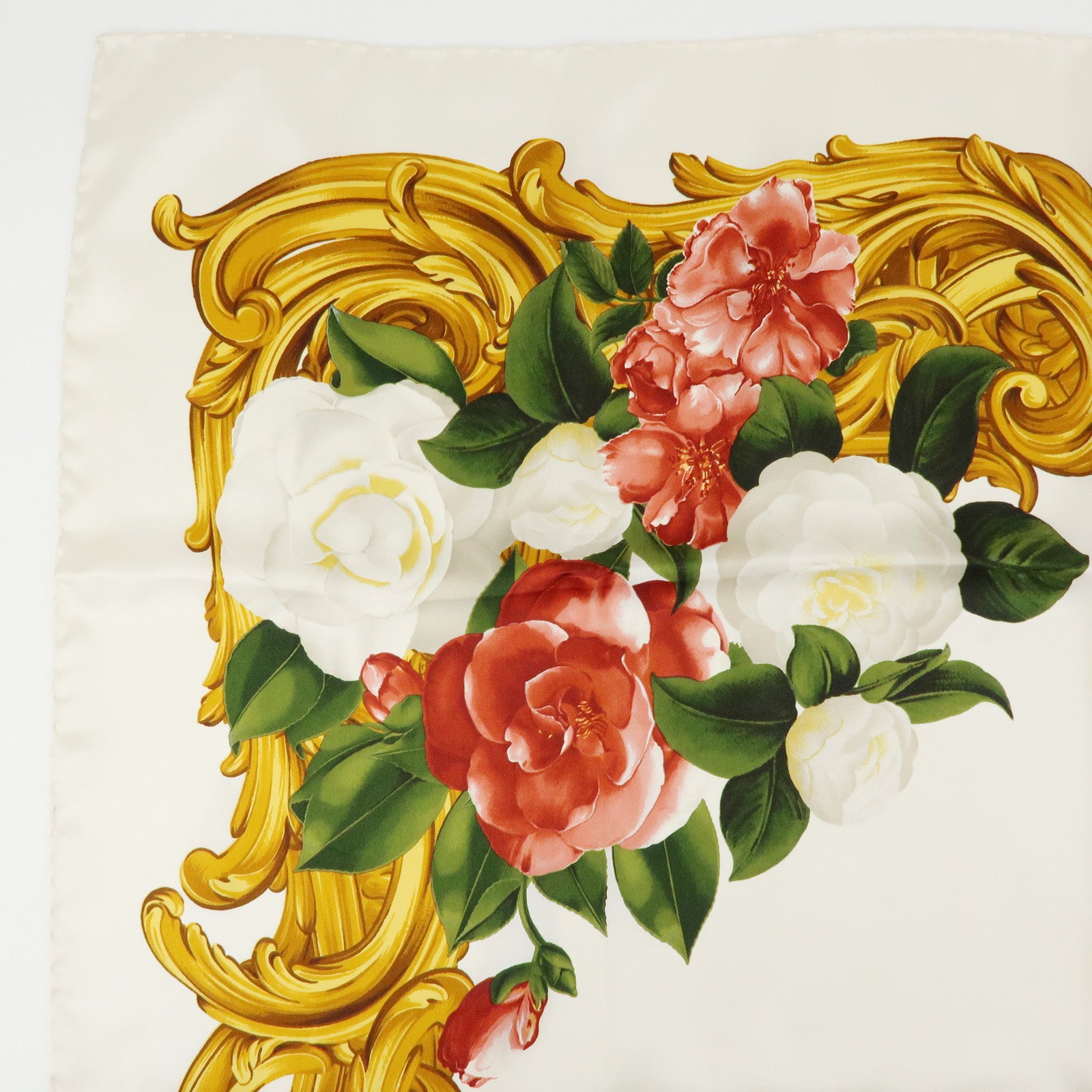 CHANEL Silk 100% Scarf Flower Print White Red Gold