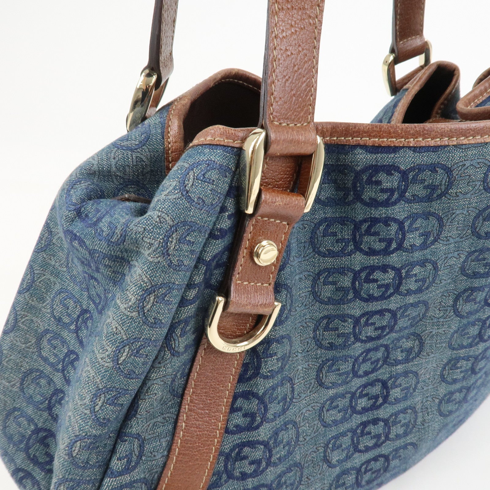 GUCCI Abbey Logo GG Denim Leather Tote Hand Bag Blue Brown 130736