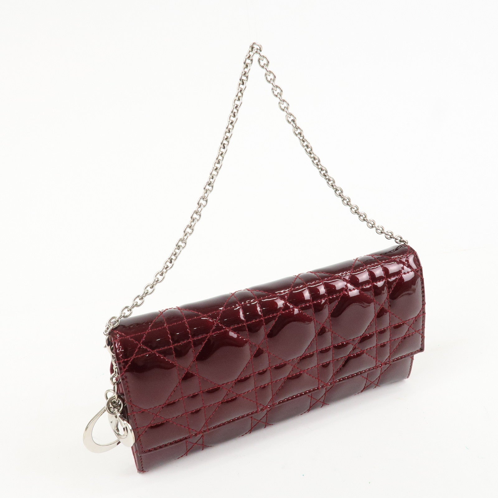 Christian Dior Lady Dior Cannage Patent Leather Chain Wallet Bordeaux Used