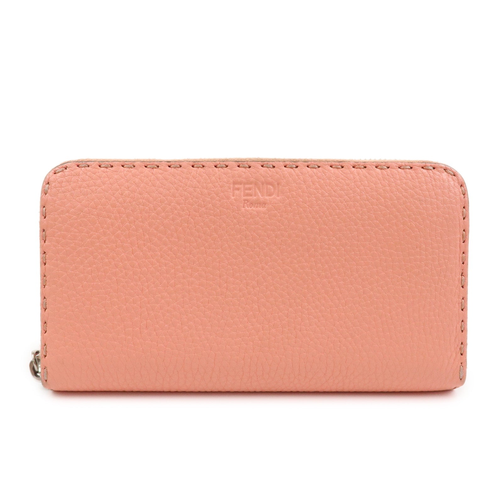 FENDI Leather Round Zippy Long Wallet Pink 8M0299