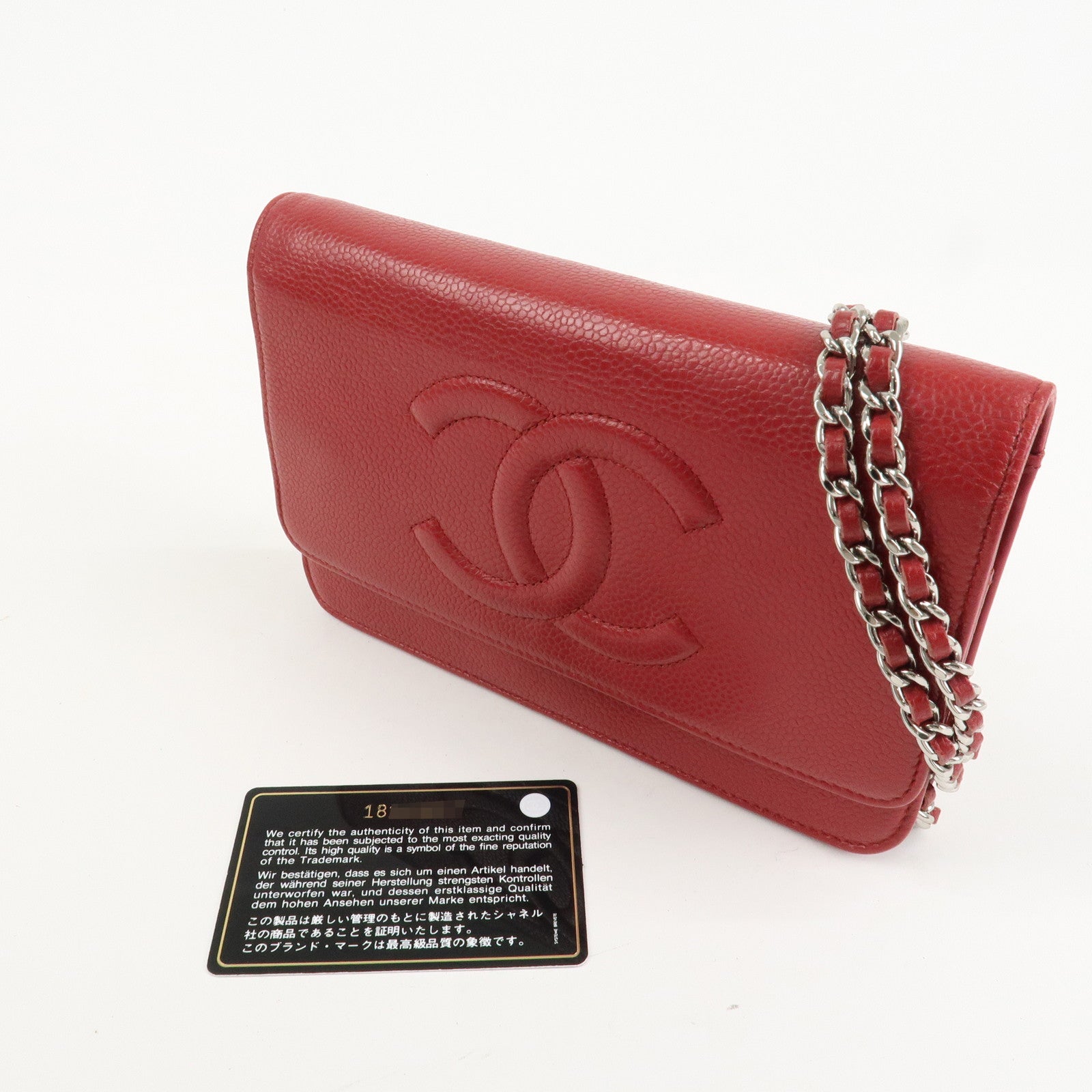 CHANEL COCO Mark Caviarskin Chain Shoulder Bag Wallet Red A48654