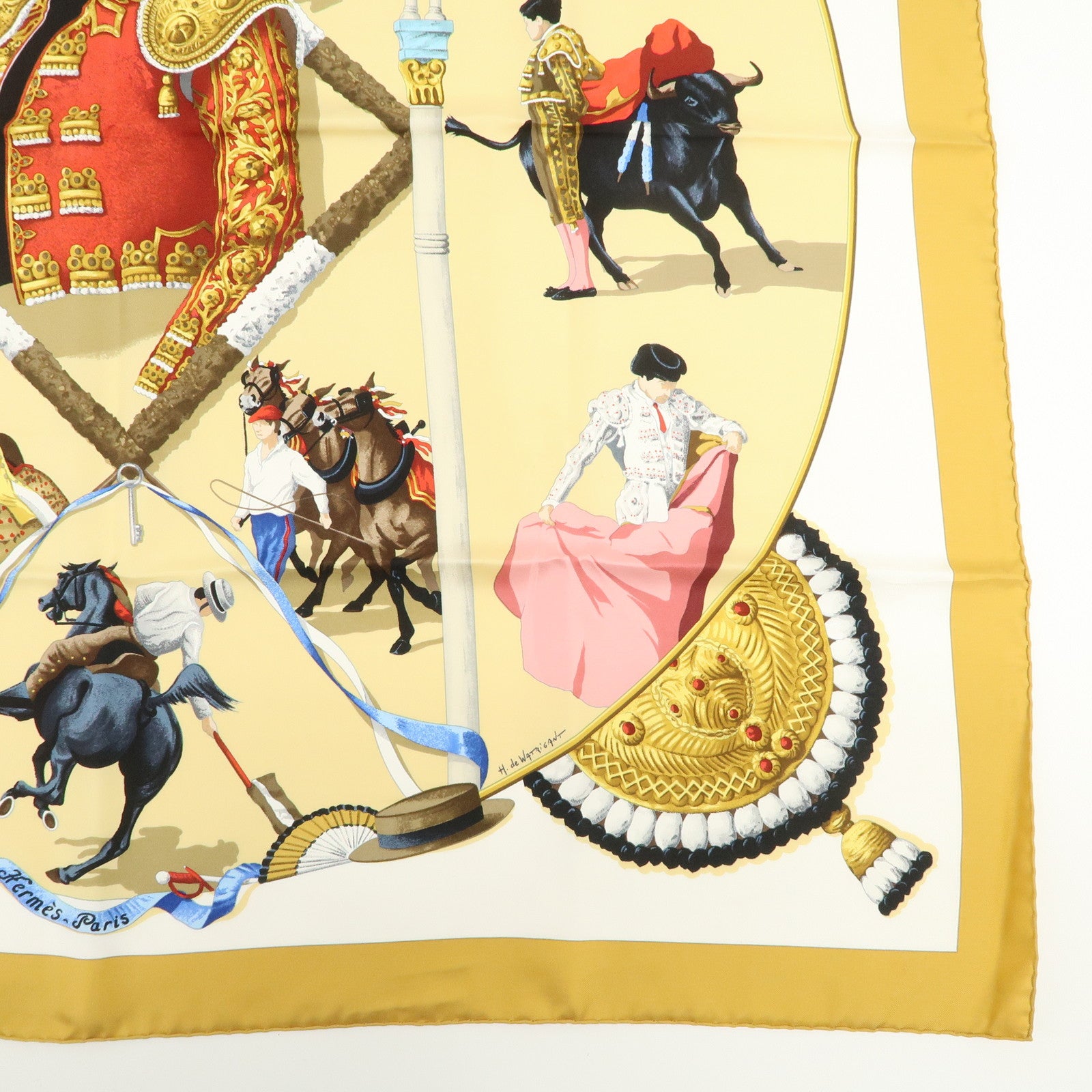 HERMES Carre 90 Silk 100% Scarf Plaza de Toros Bullring Gold Beige