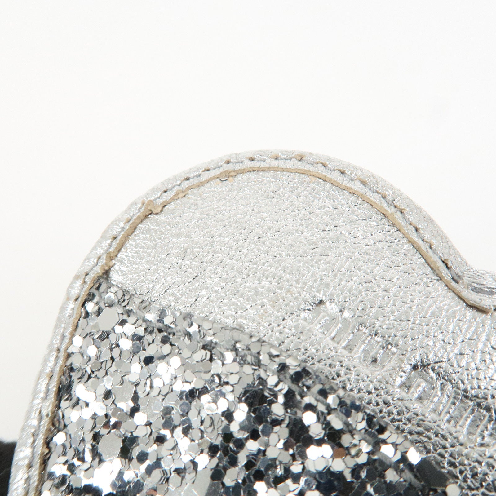 MIU MIU Heart Motif Glitter Leather Key Chain Bag Charm Silver