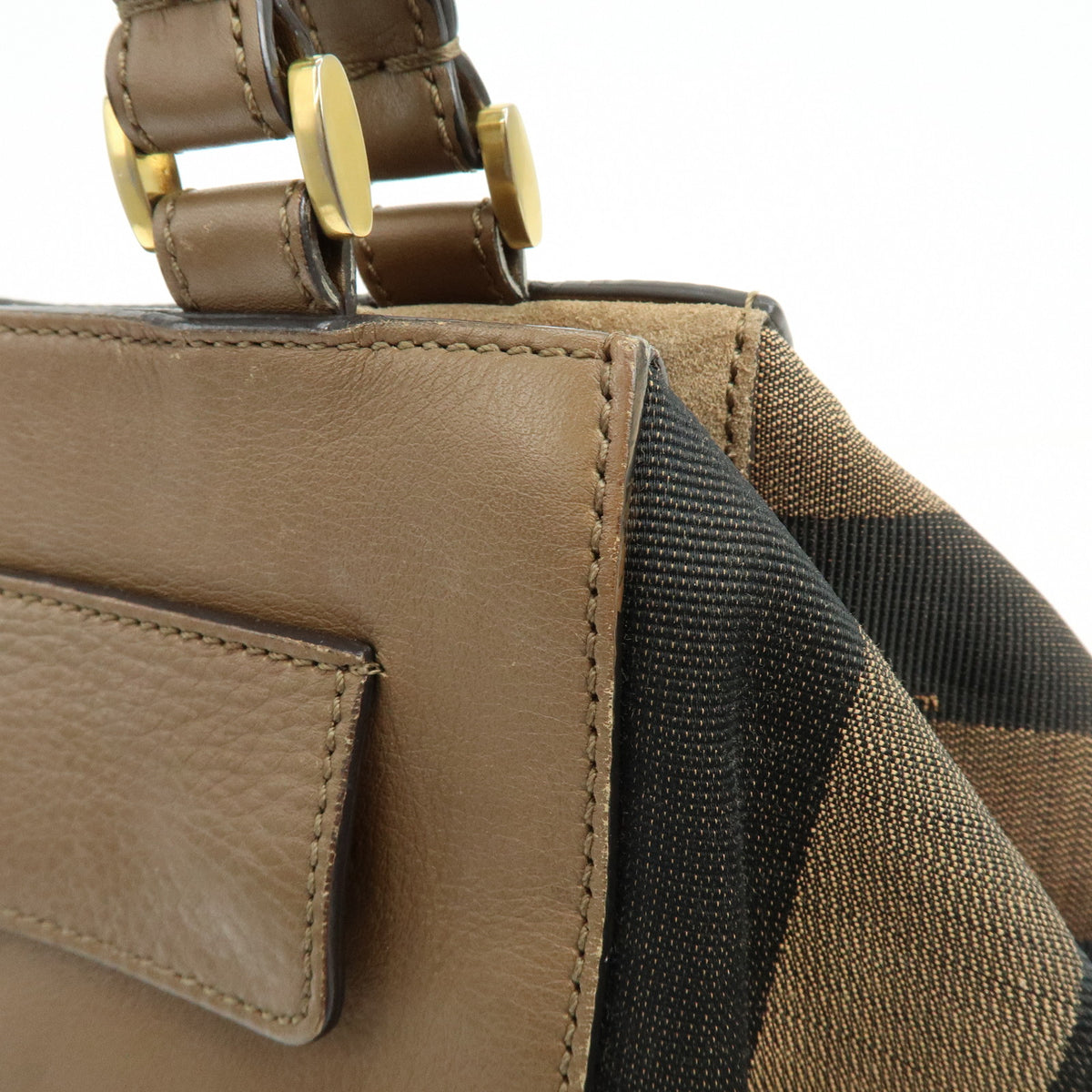 FENDI Pequin Leather Canvas Suede Tote Bag Hand Bag Brown 8BN251