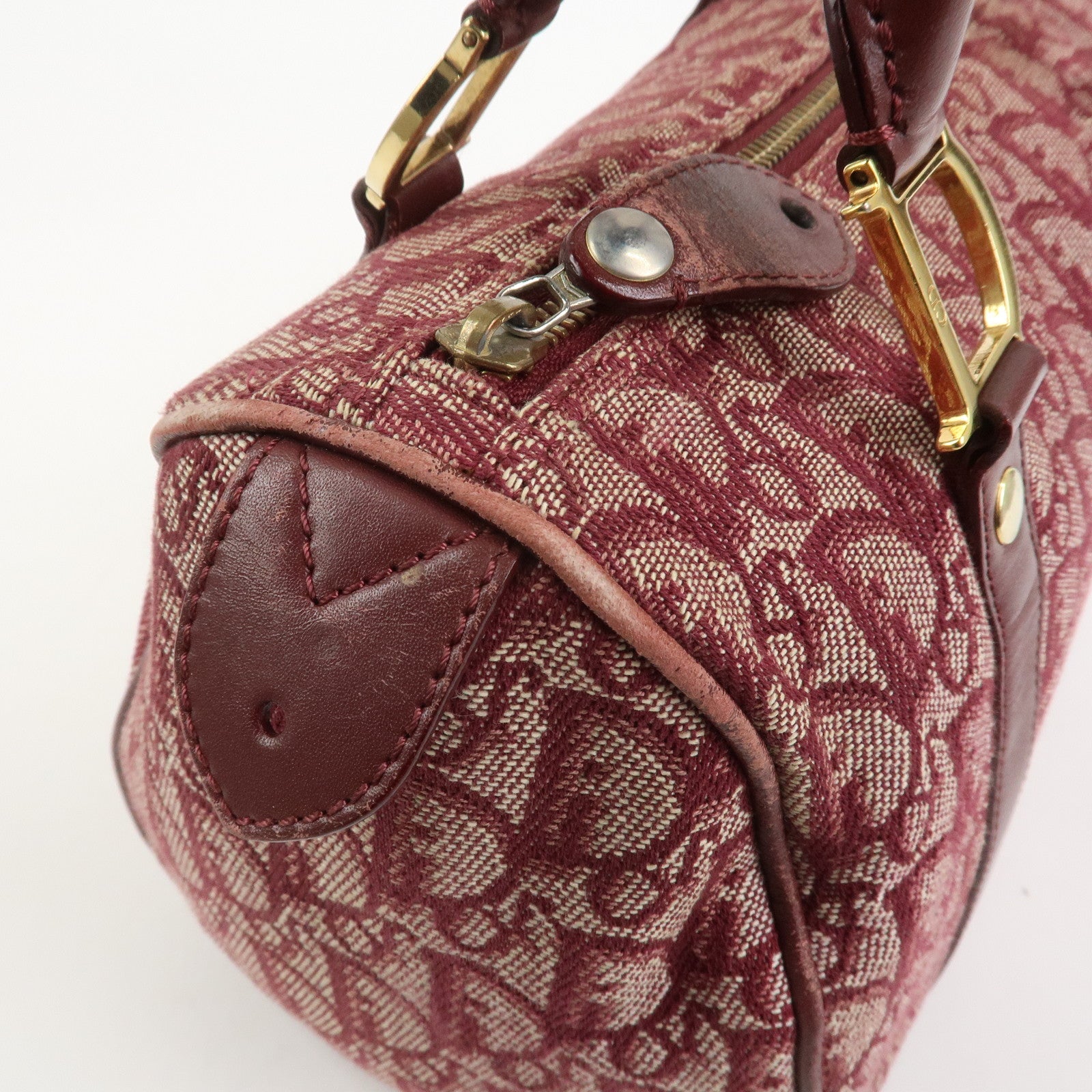 Christian Dior Trotter Jacguard Canvas Leather Boston Hand Bag Red