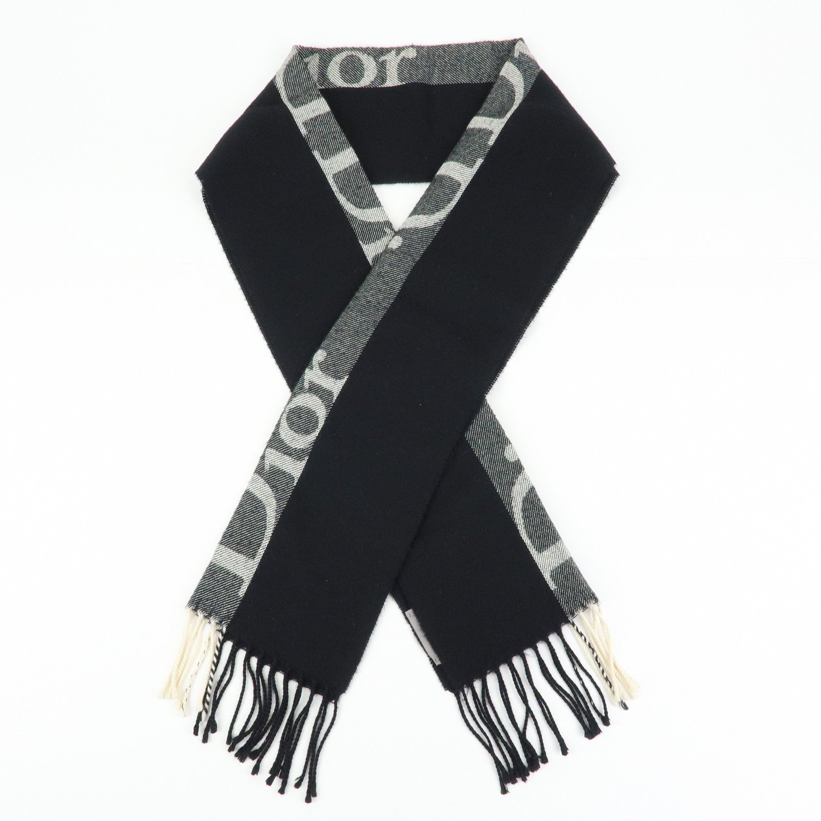 Christian Dior Logo Wool Acrylic Scarf Black Ivory