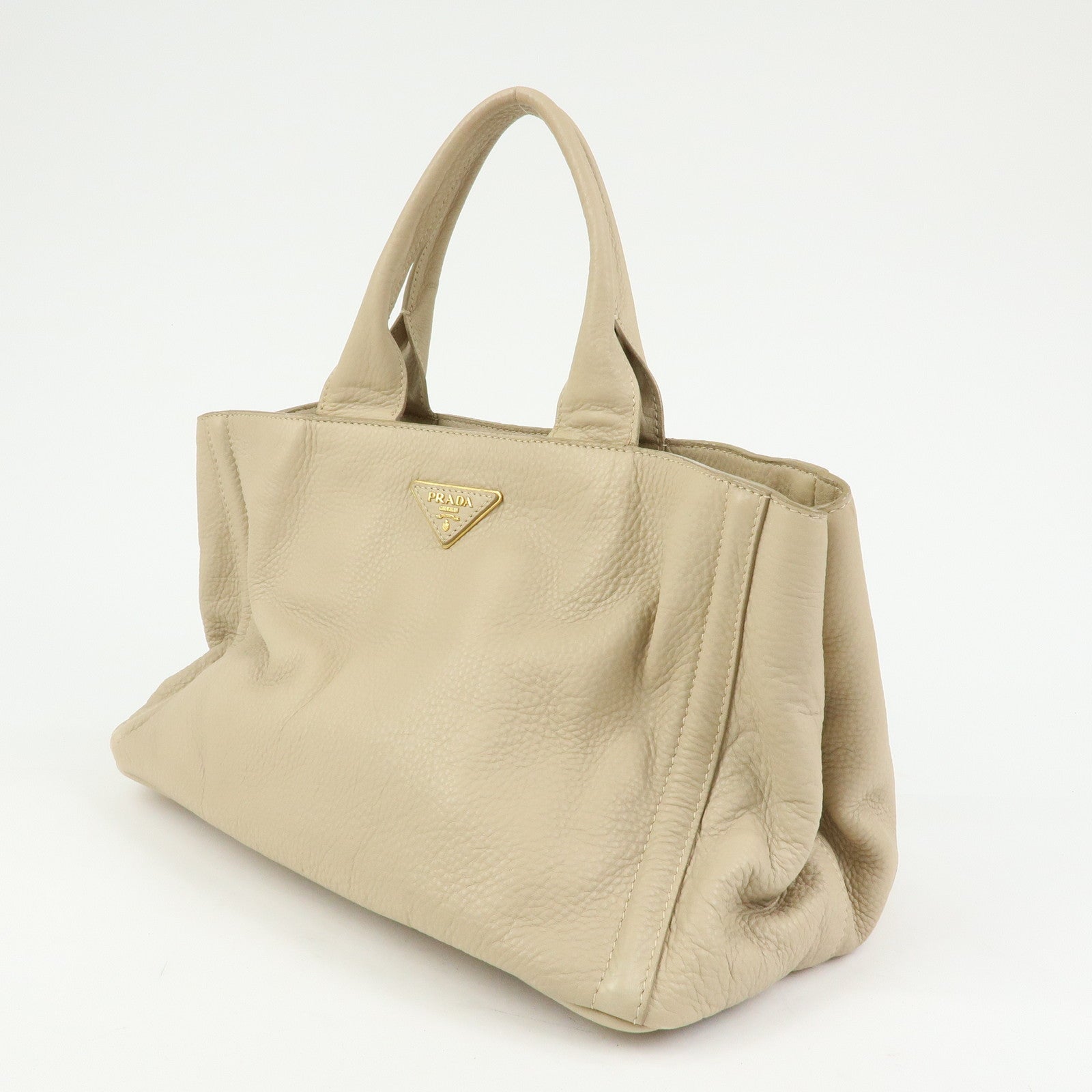 PRADA Triangle Logo Canapa Vittello Daino Leather Hand Bag Beige