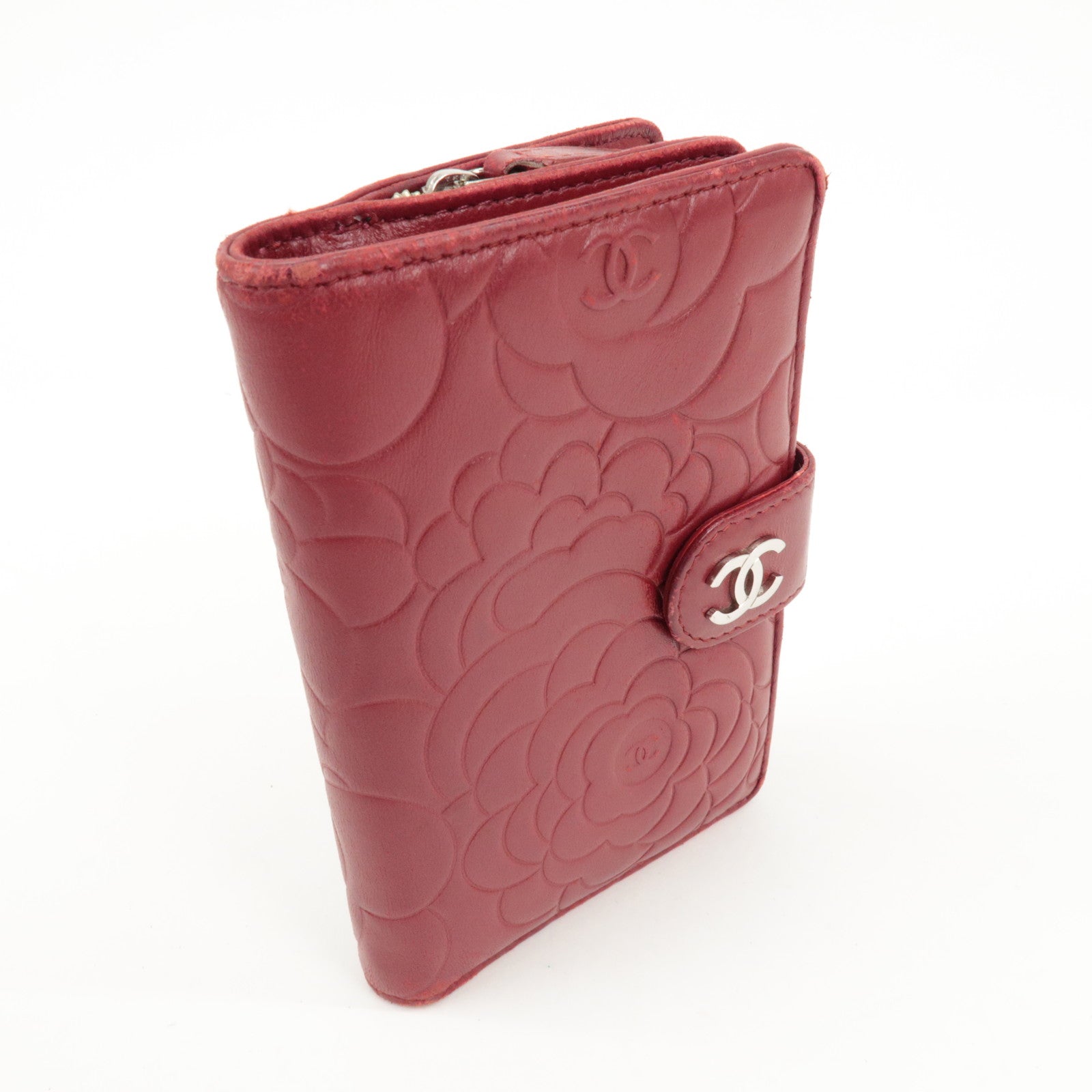 CHANEL COCO Mark Camelia Leather Bi-fold Wallet Red A50087 Used