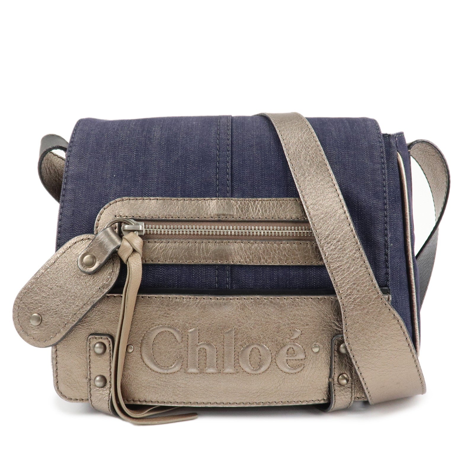 Chloe Denim Leather Shoulder Bag Crossbody Bag Indigo Blue Silver Used