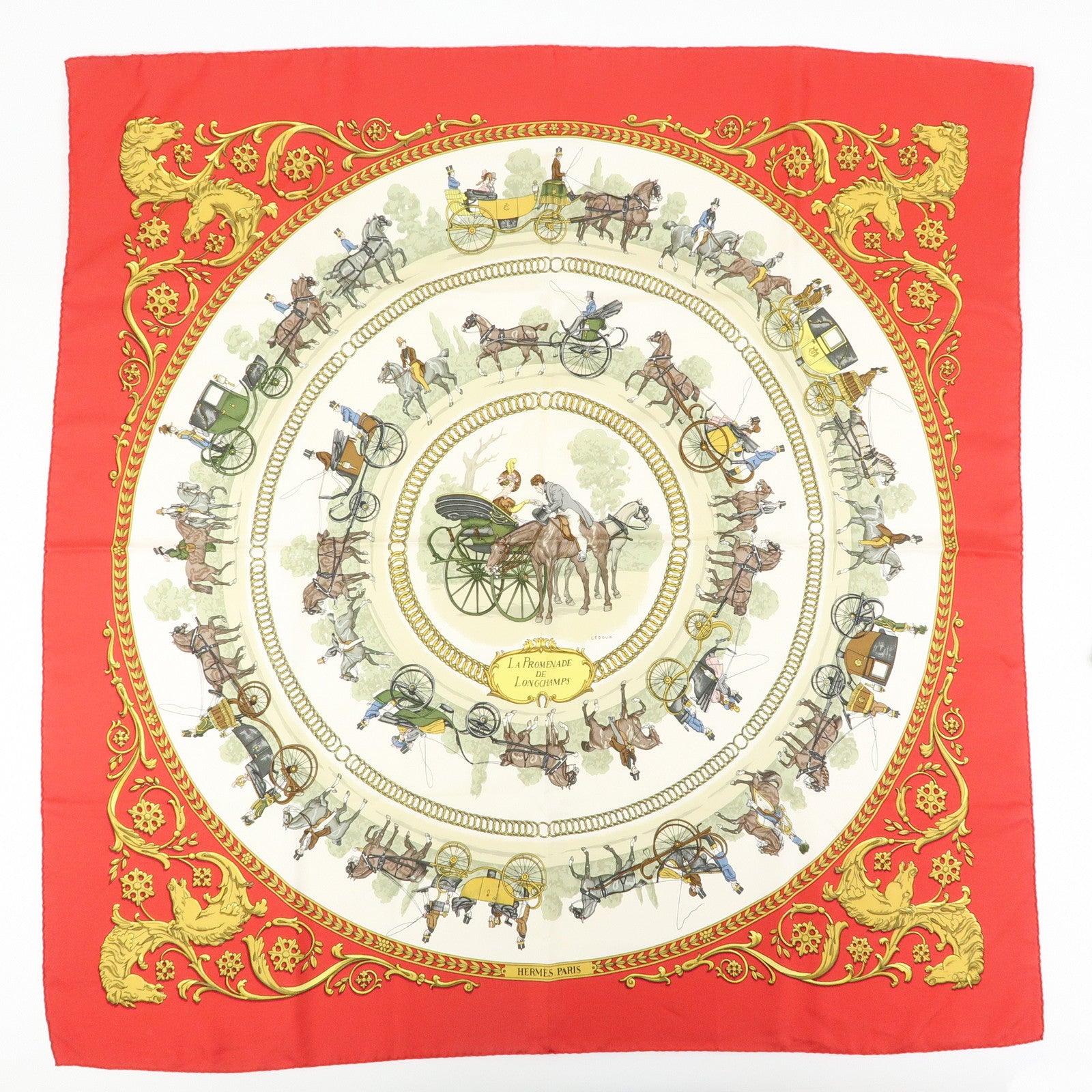 HERMES Carre 90 Set of 2 Silk 100% Scarf Gold Ivory Red