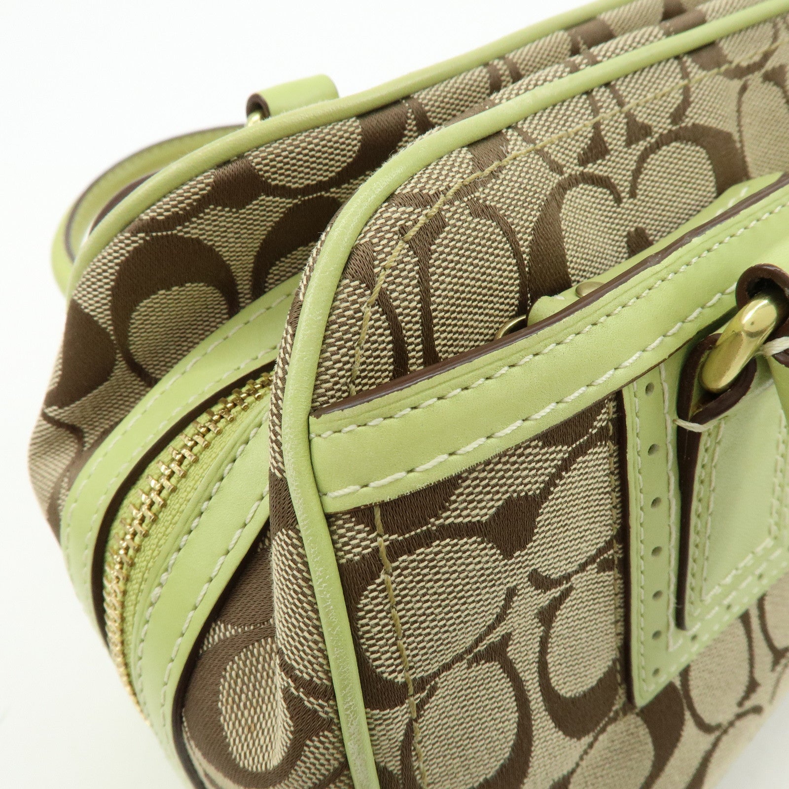 COACH Signature Canvas Leather Boston Hand Bag Light Brown Green