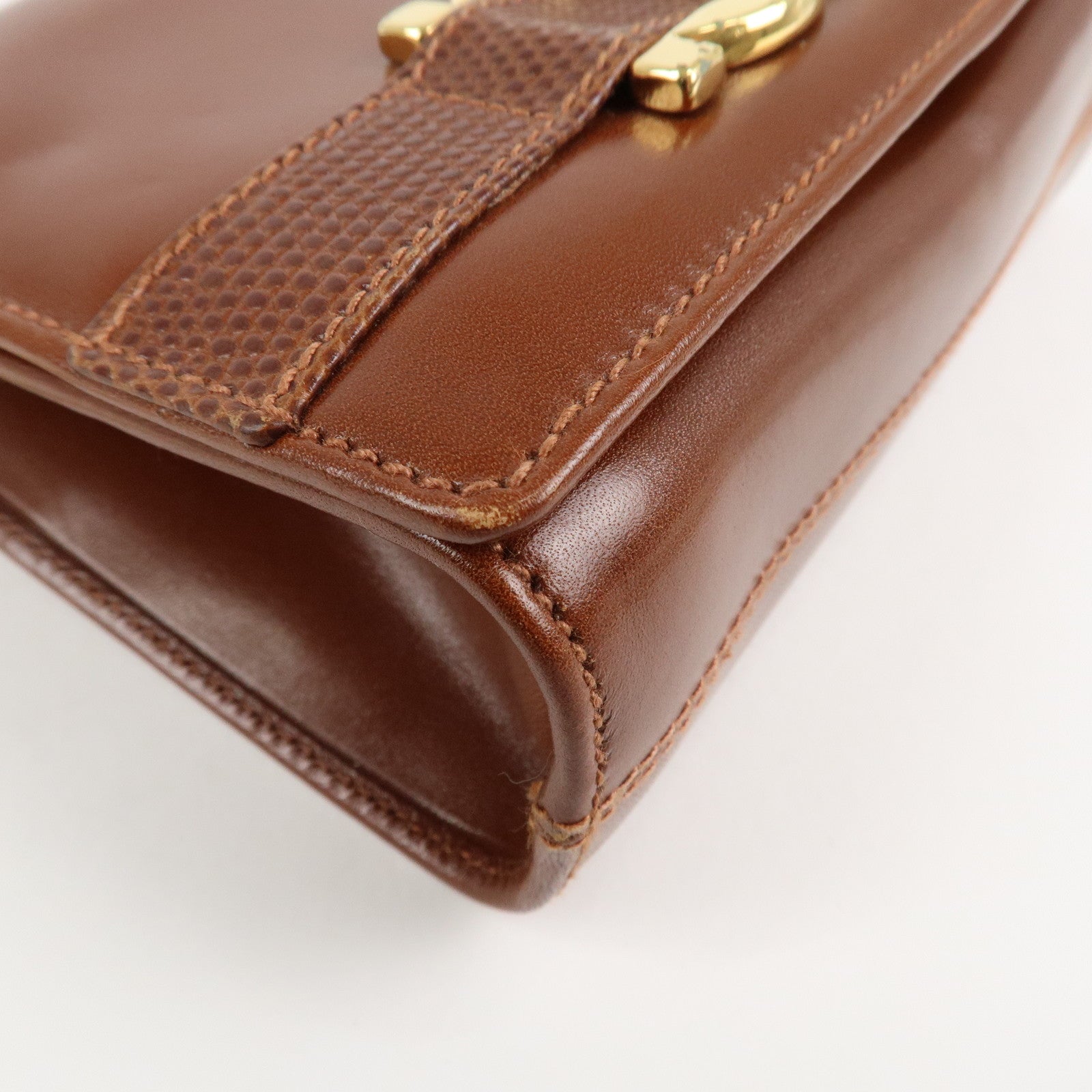 Ferragamo Gancini Leather Chain Shoulder Bag Brown Gold HDW Used