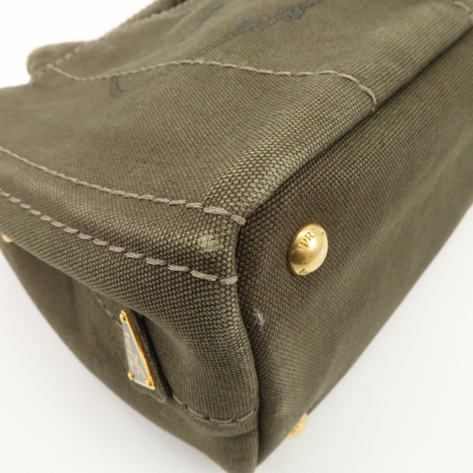 PRADA Canapa Mini Canvas Bag Hand Bag Tote Bag Khaki BN2439 Used