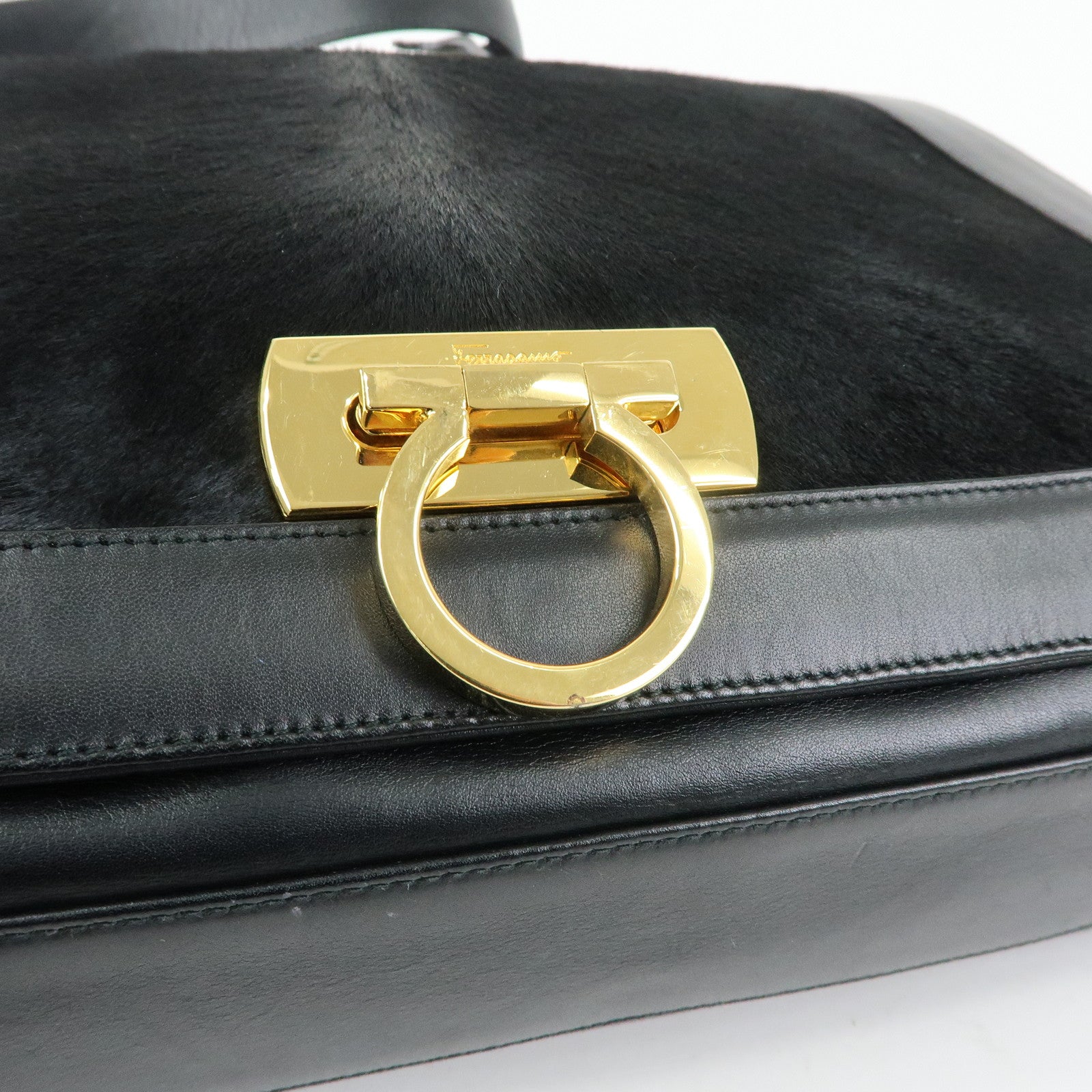 Ferragamo Gancini Calf Hair Leather Shoulder Crossbody Bag Black